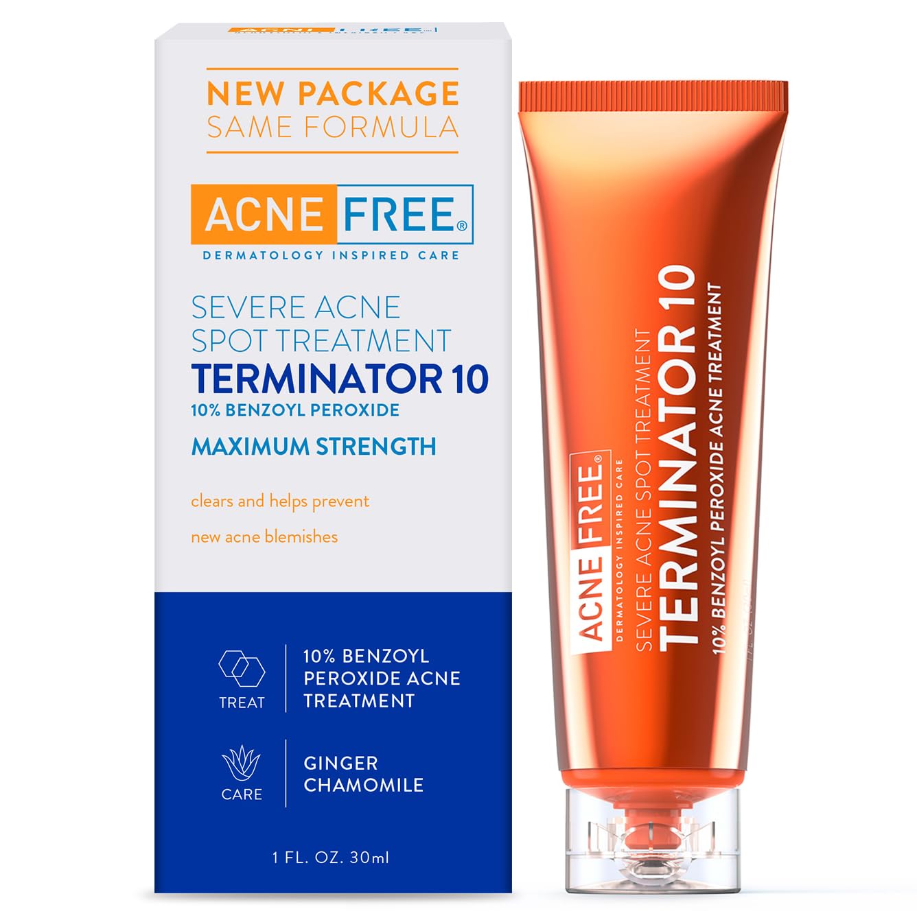 AcneFree Terminator 10 Maximum Strength Acne Spot Treatment with 10% Benzoyl Peroxide - Fast-Acting Acne Cream for Face & Body - 1 Ounce (Pack of 1) - Perfect for Teen & Adult Acne, Breakouts & Blemishes