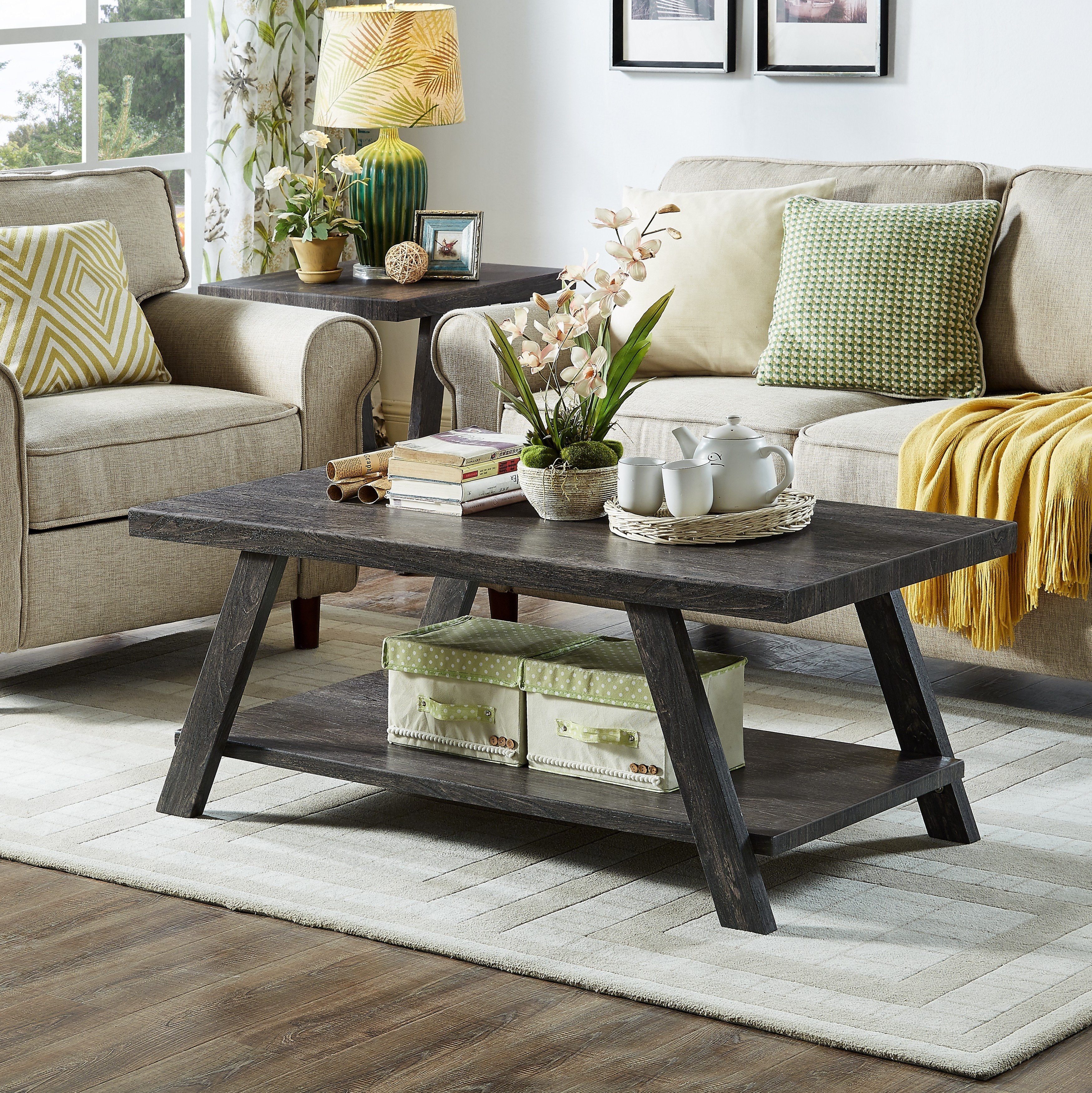 Roundhill Furniture Athens Contemporary Replicated Wood Coffee Table with Shelf - Charcoal Finish - Modern Living Room & Office Decor