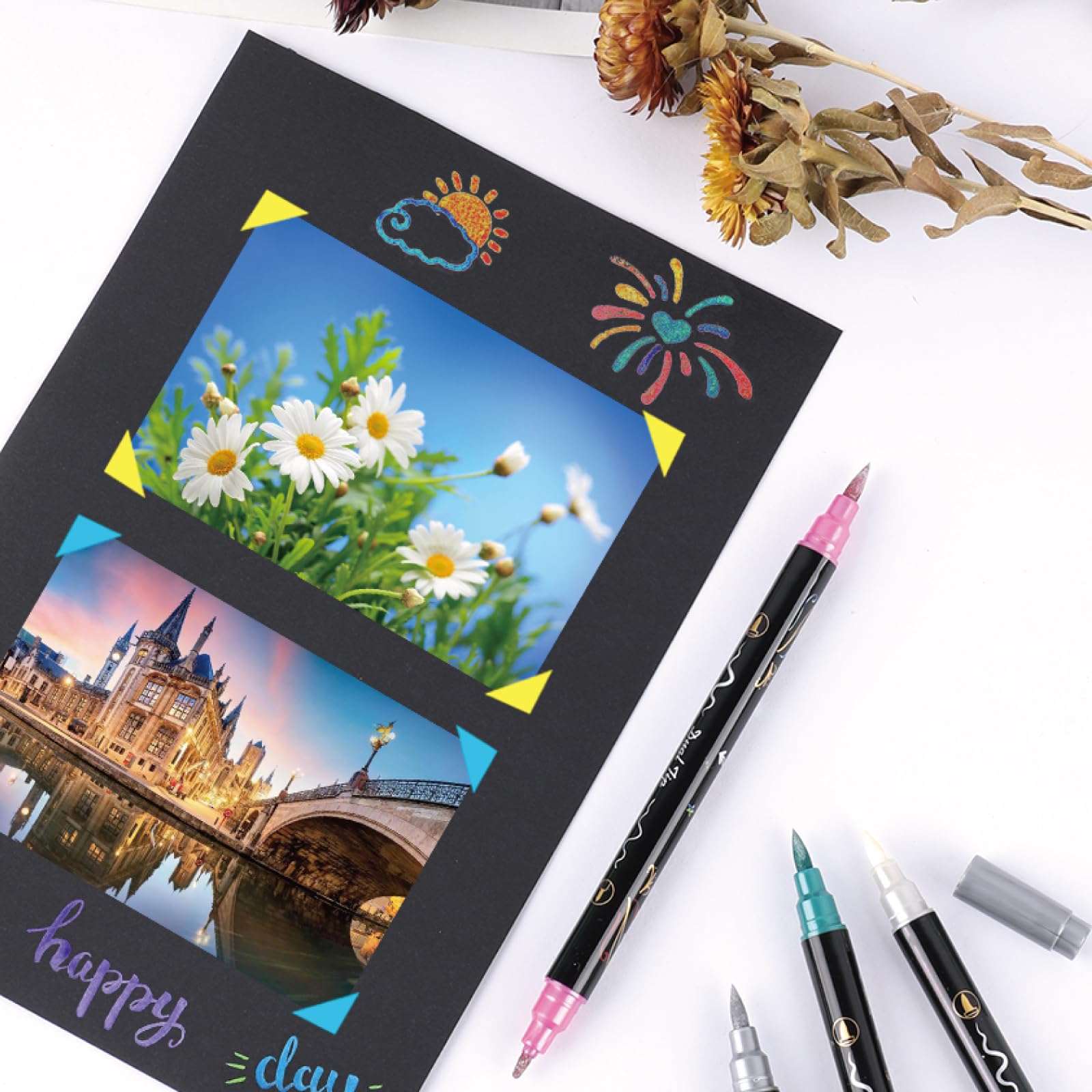 INK LAB 24Pcs Dual Tip Brush Pens - Metallic Art Markers for Calligraphy, Lettering & Drawing on Wood, Ceramic, Rock, Metal - Perfect for Card Making, Scrapbooking, Album Decor & DIY Crafts