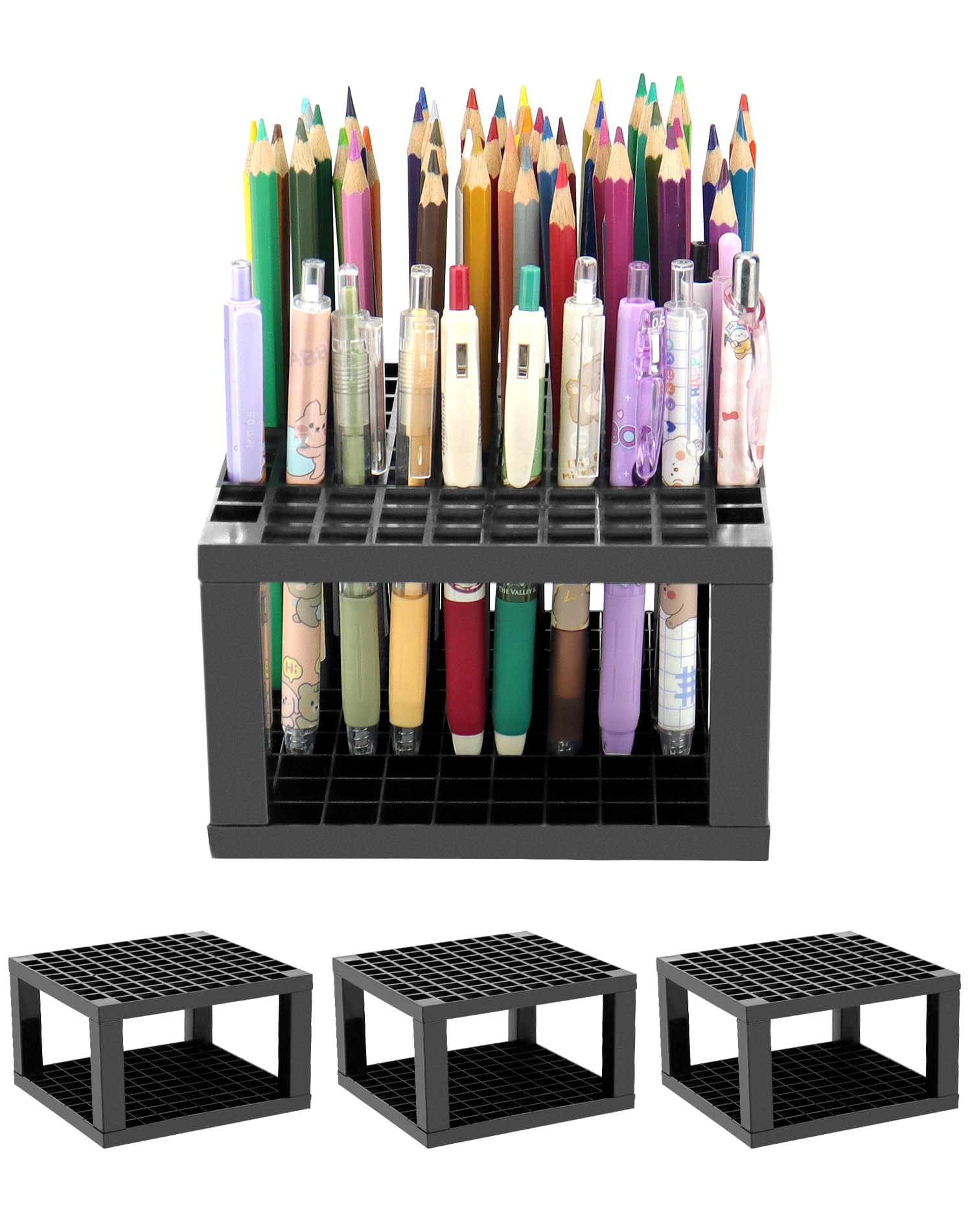 QWORK 96 Hole Plastic Pencil & Brush Holder Organizer - 4 Pack Desk Storage Stand for Pens, Brushes, Colored Pencils, Modeling Tools - Perfect for Artists, Students & Office Organization