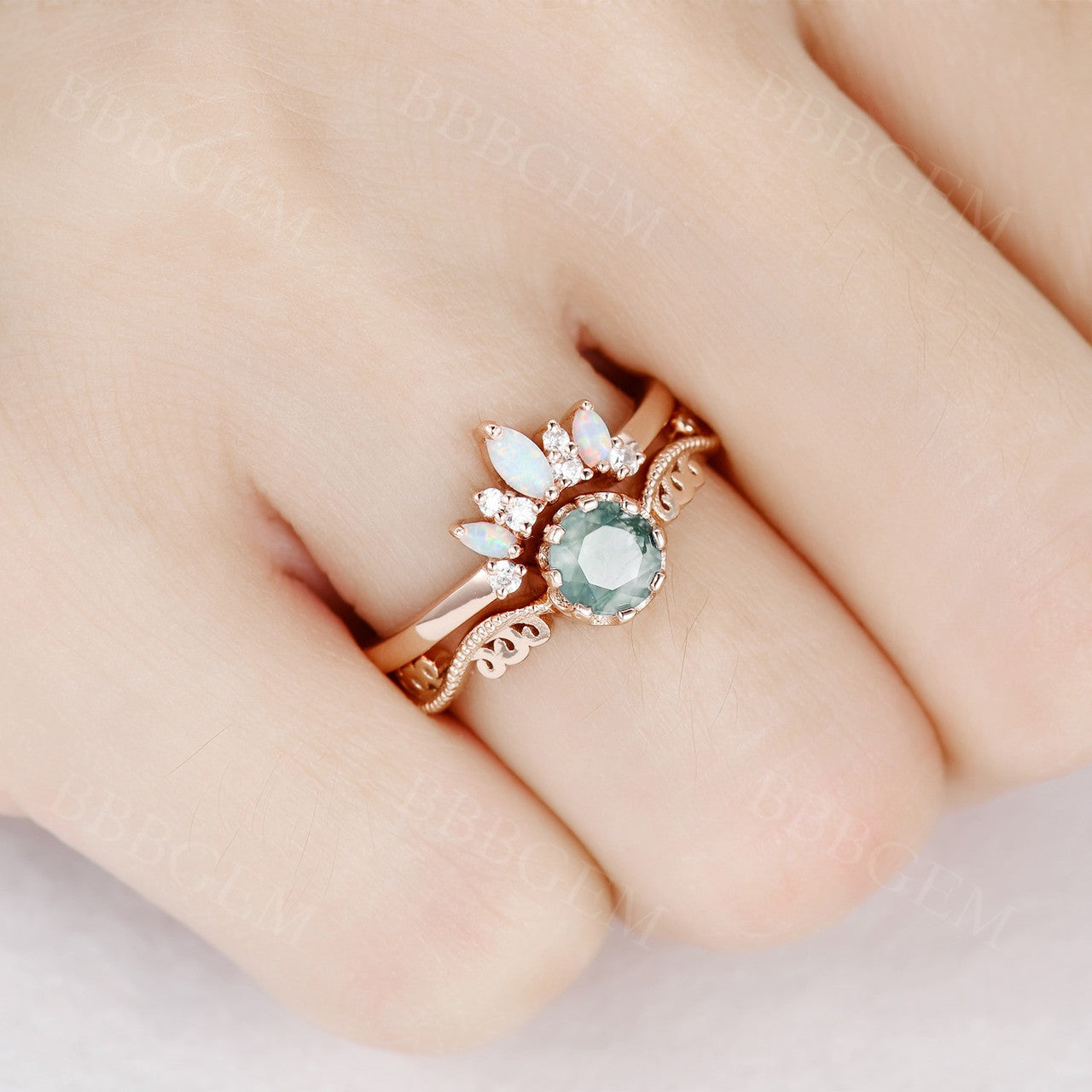 Natural Moss Agate Opal Diamond Engagement Ring Set - Vintage Art Deco Style Wedding Band for Bride - Perfect for Proposals, Anniversaries & Special Occasions