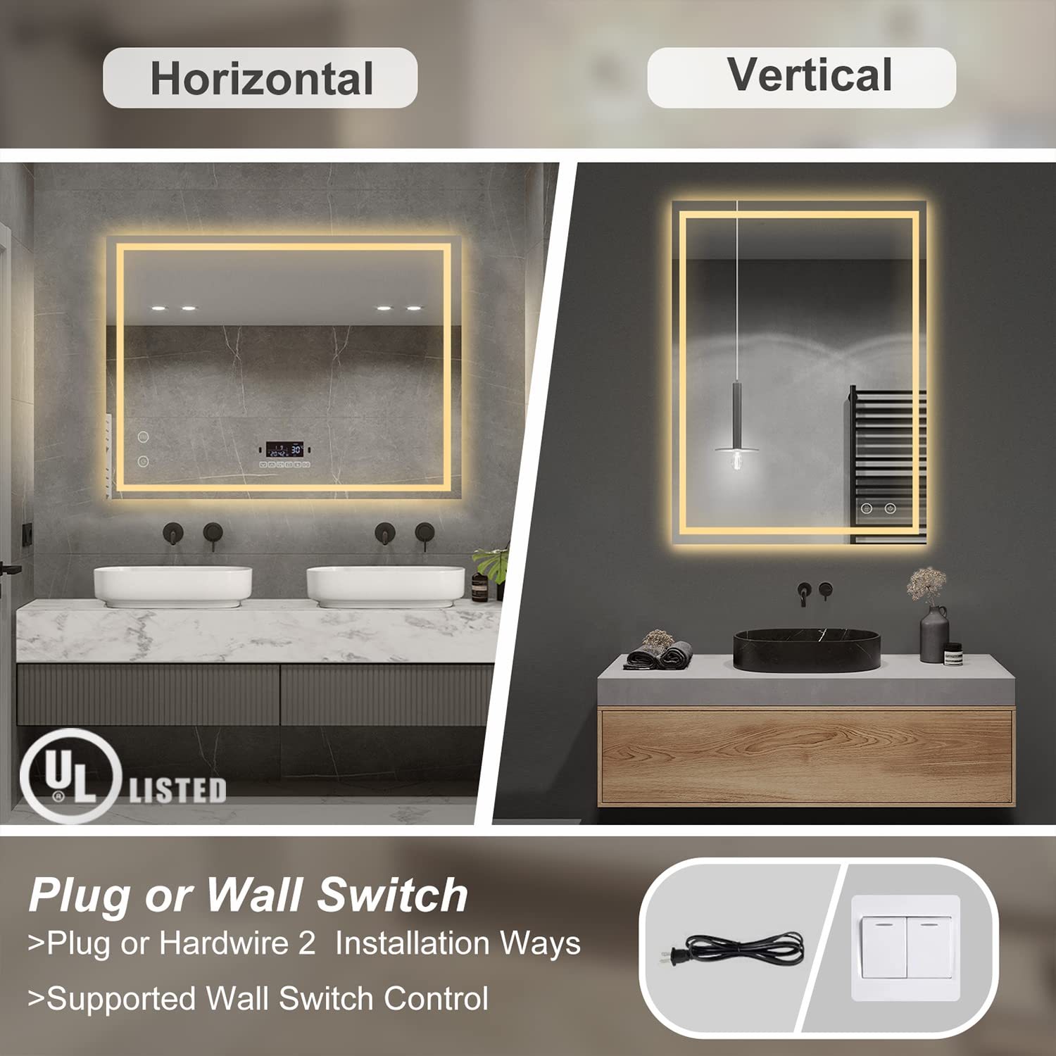 36 x 28 Inch LED Bathroom Mirror with Lights - Dimmable Touch Control, Anti-Fog & Waterproof, Wall Mounted Vanity Mirror with Plug - High CRI>90 for Flawless Makeup - Perfect for Bedroom, Bathroom, Dressing Room & Salon Use