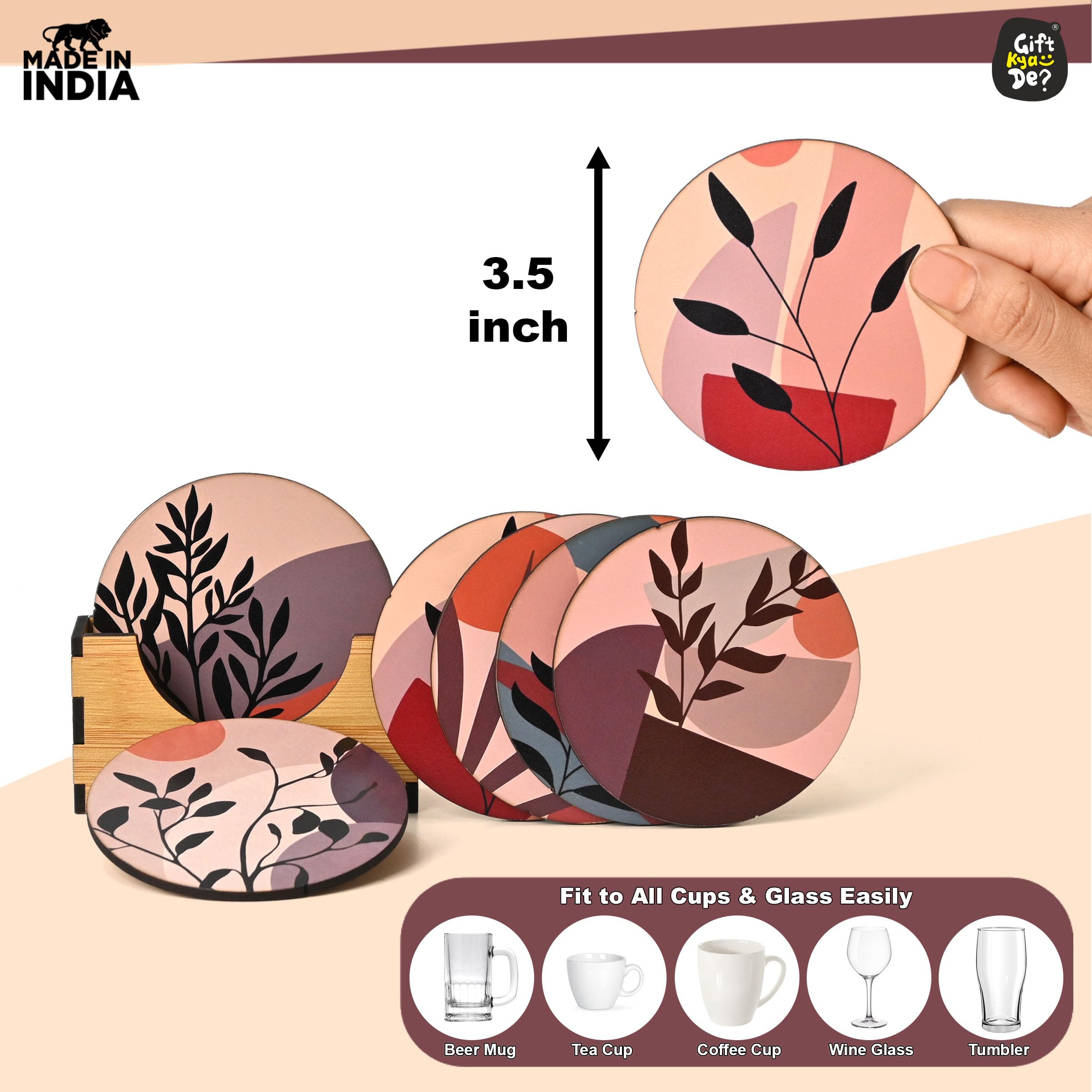 GKD Set of 6 Modern Art Wooden Coasters - 3.8 x 3.8 Inch Eco-Friendly Drink Coasters for Coffee, Tea & Glasses - Perfect for Home, Office & Restaurant Use
