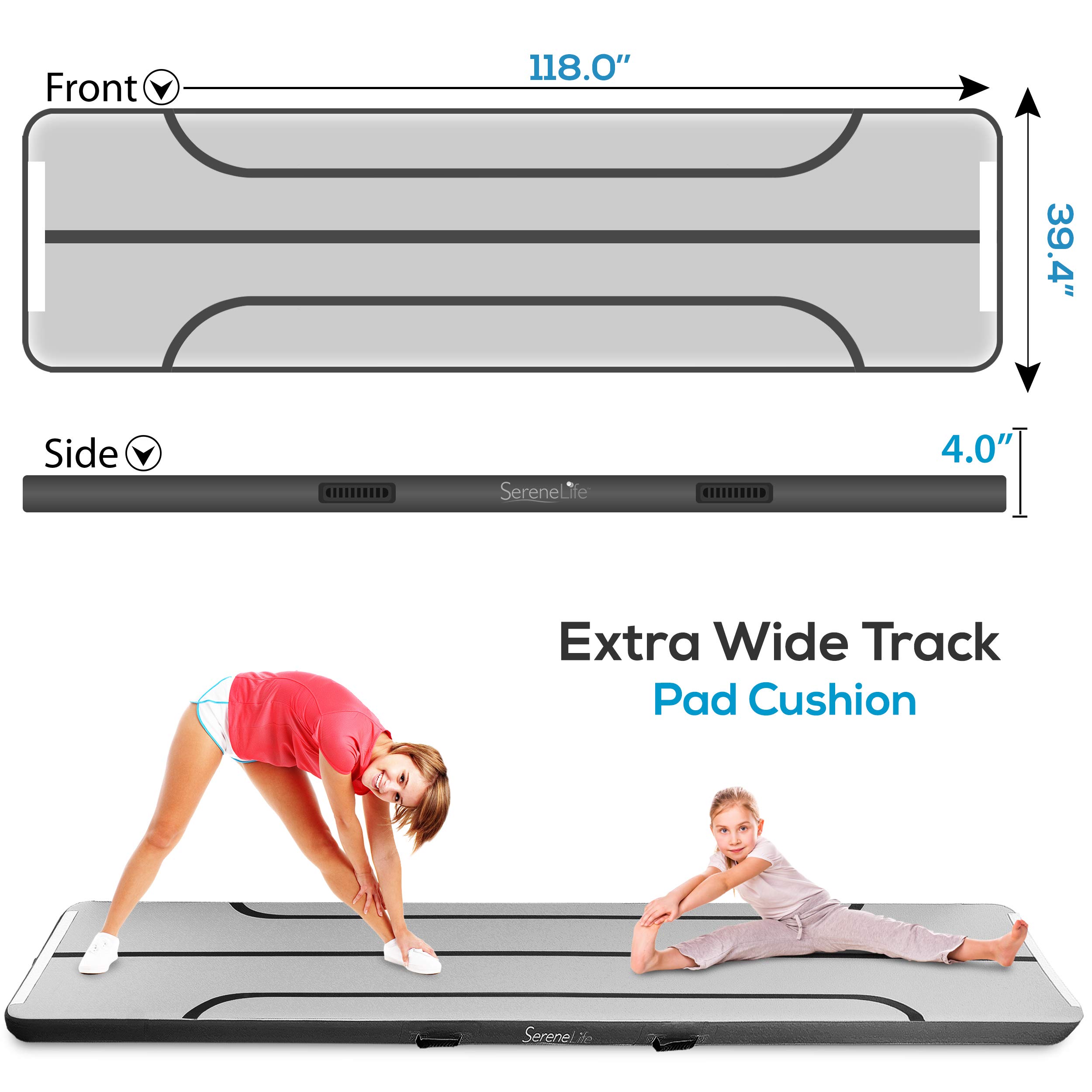 Serene Life 9.8ft Inflatable Gymnastics Air Track Mat - Portable Tumbling Mat for Indoor/Outdoor Use - Perfect for Gymnastics Training, Yoga, Cheerleading & Fitness - Black (SLGM3KB) | Great for Home Practice, Gym Sessions & Backyard Workouts