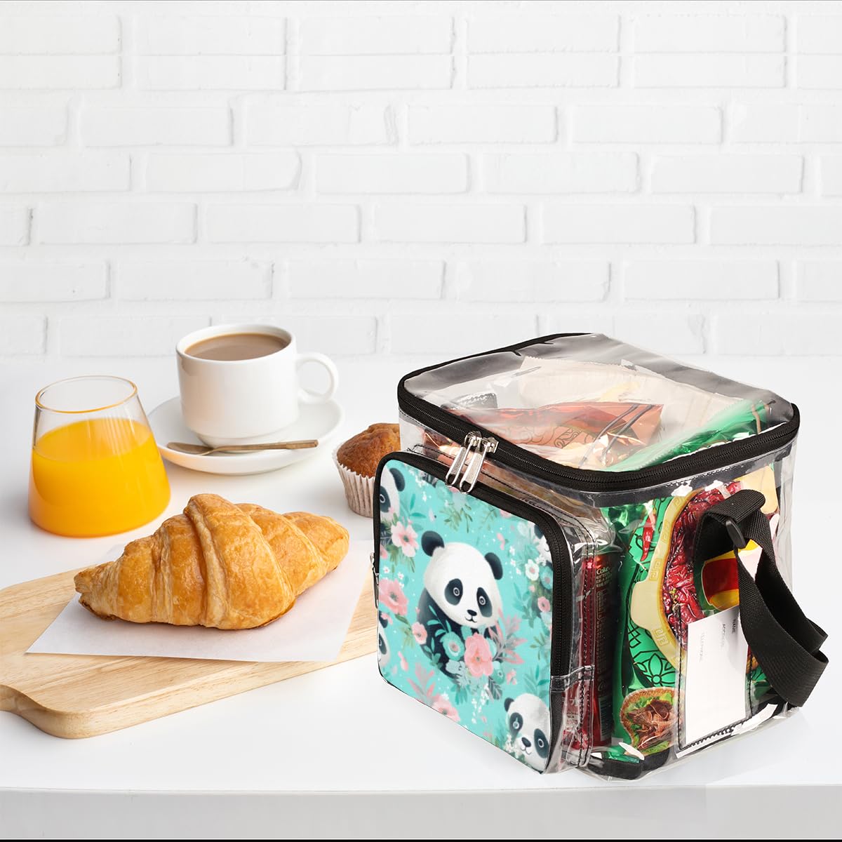 GzLeyigou Panda Clear Tote Bag with Handles - Cute Panda & Floral Design Transparent Crossbody Shoulder Bag for Lunch, Beach, Travel, Picnic, Concerts & Sports Events - Stadium Approved Clear Purse (Perfect for Outdoor Activities, Theme Parks & Security Checkpoints)