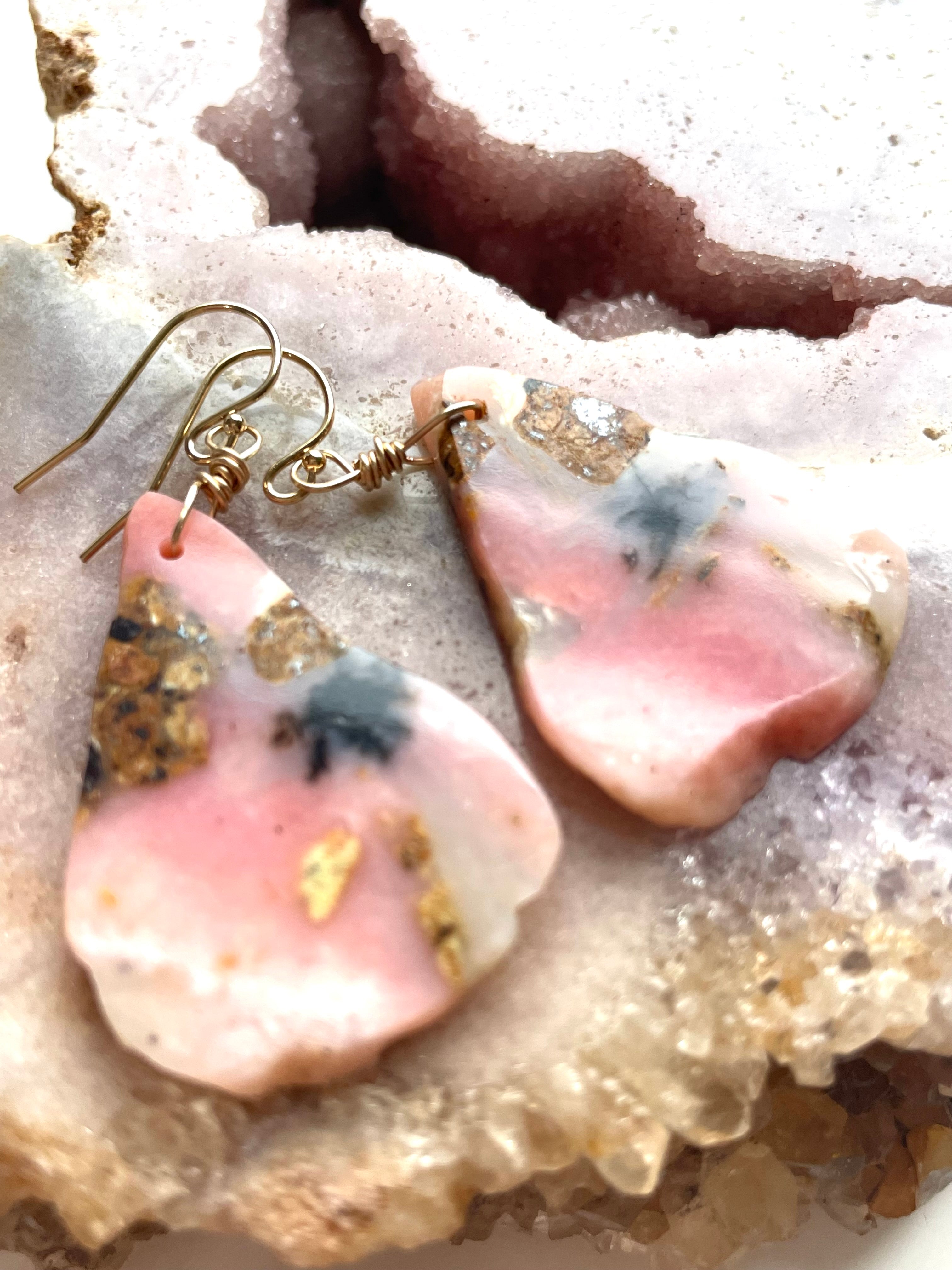 Pink Opal Gold Filled Statement Crystal Gemstone Earrings for Women - Elegant Dangle Drop Earrings for Party, Wedding & Special Occasions