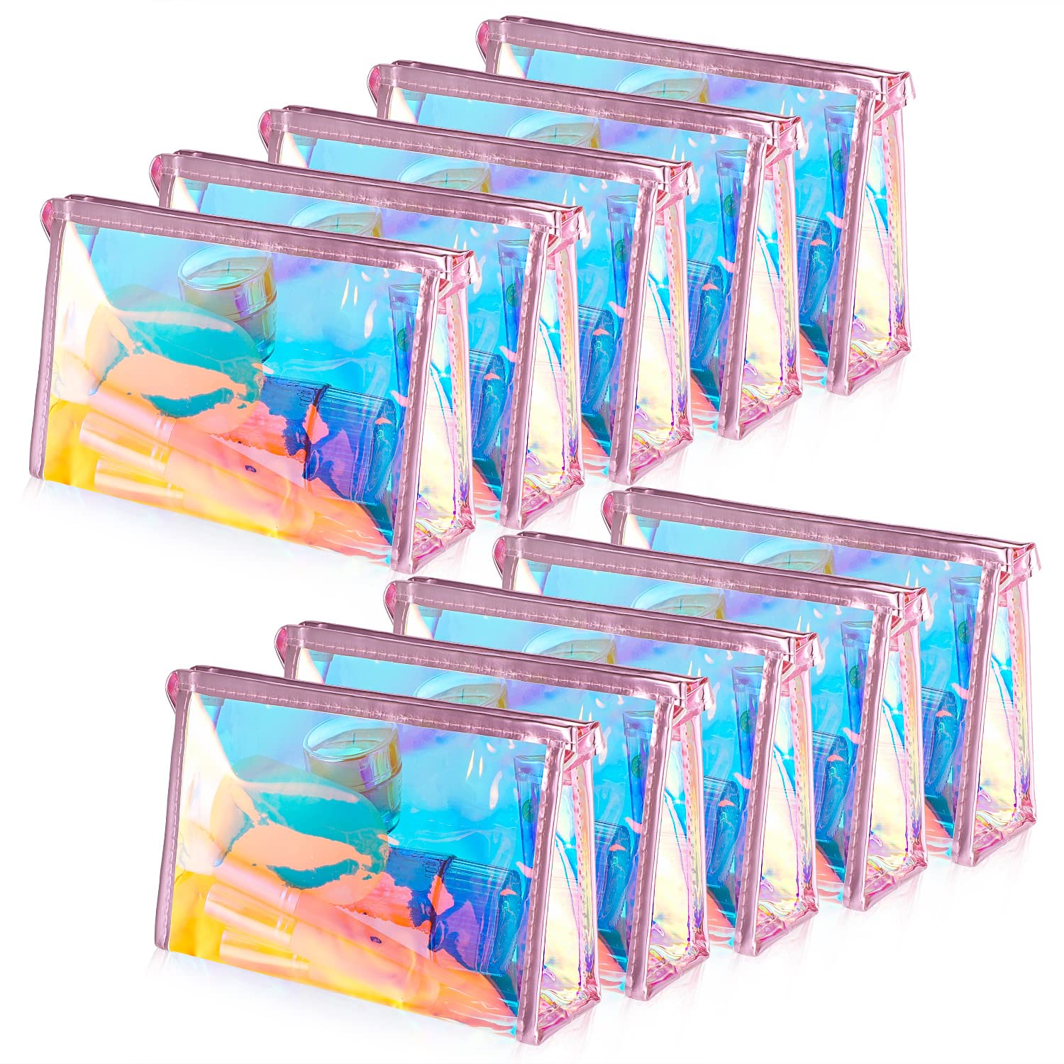 BESARTE 10 Pack Holographic Makeup Bags - Waterproof Clear Cosmetic Toiletry Bags with Zipper, Perfect for Travel, Bridal Shower, Wedding Gifts for Bride & Bridesmaids, Mother's Day Gifts for Women - Bulk Set of 10