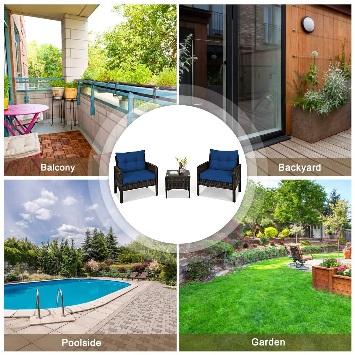 HappyGrill 3-Piece Patio Conversation Set - Outdoor Rattan Wicker Furniture with Coffee Table & Chairs, Waterproof Seat Cushions - Perfect for Garden, Balcony, Backyard, Poolside & Outdoor Entertaining