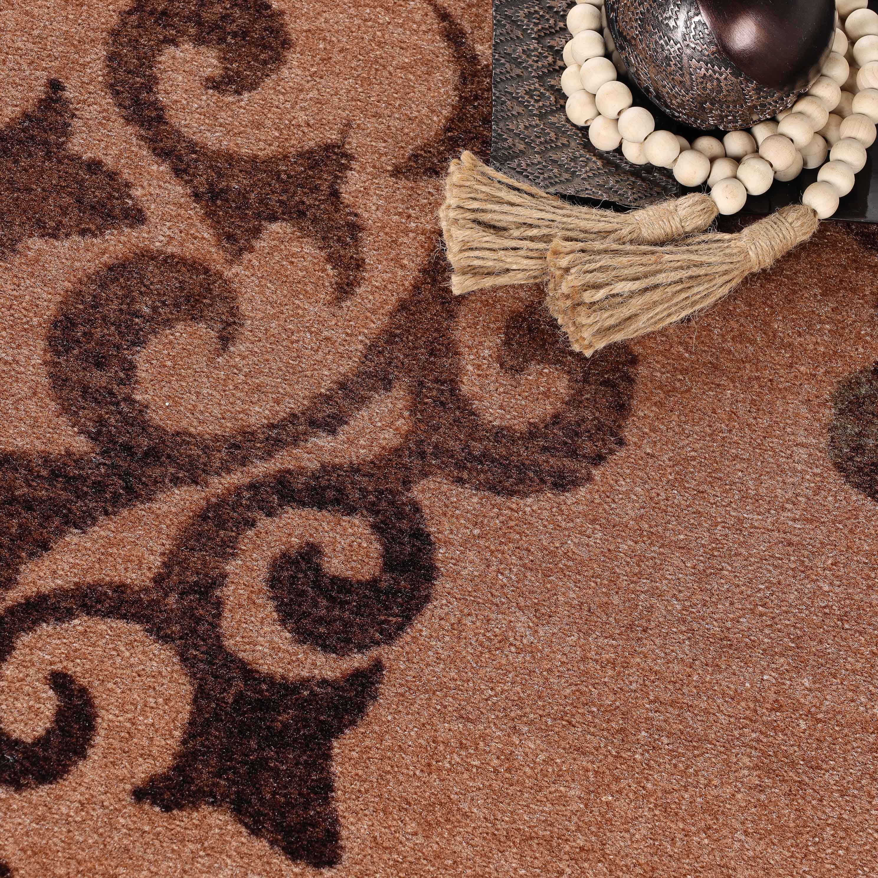 Non-Slip Washable Amber Floral Scroll Indoor Area Rug or Runner - Perfect for Living Room, Bedroom, and Hallway Decor