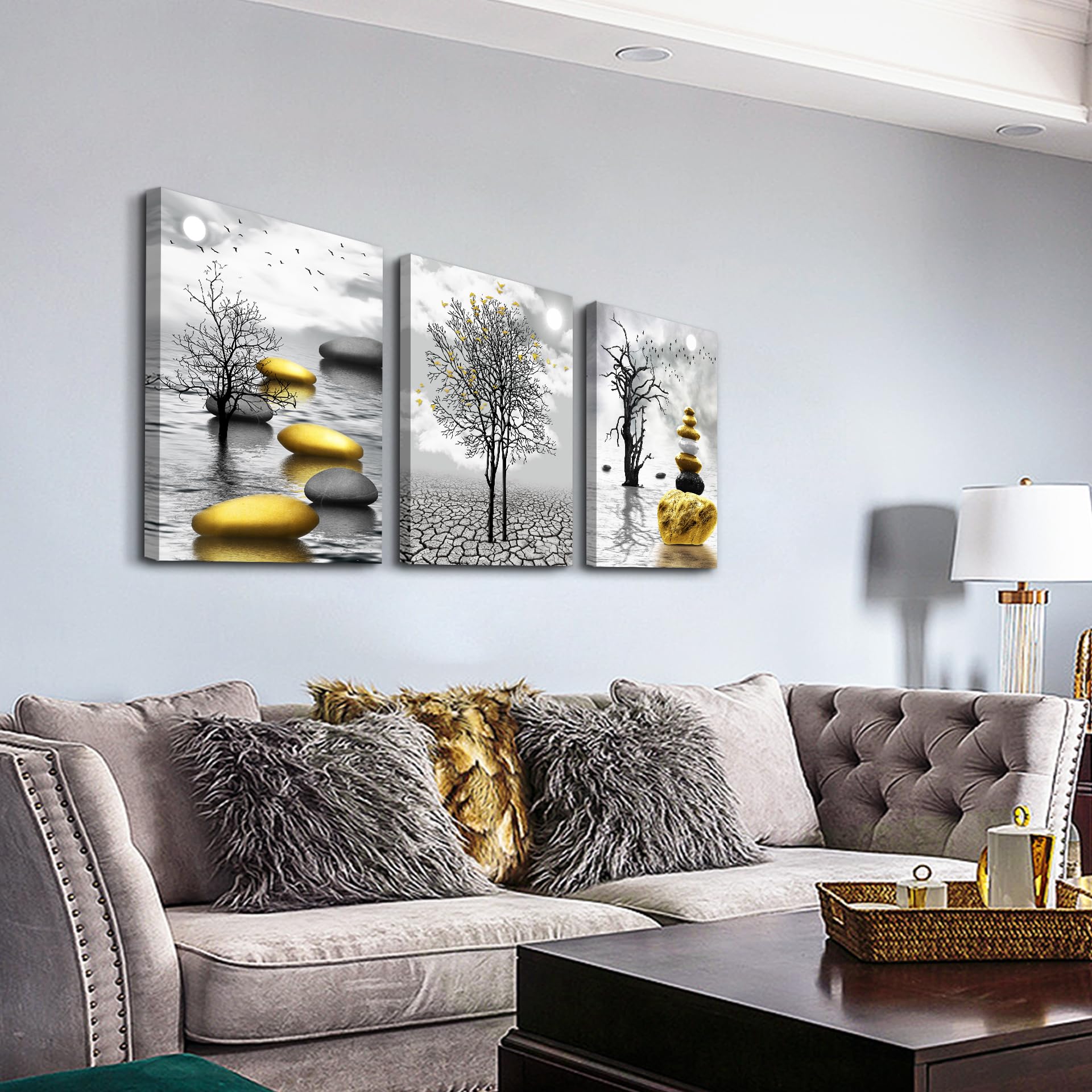 Modern Black and White Canvas Wall Art Set - 3 Piece Yellow Landscape Painting Prints for Living Room, Bedroom & Office Decor | Inspirational Home Wall Decor for Modern Interiors
