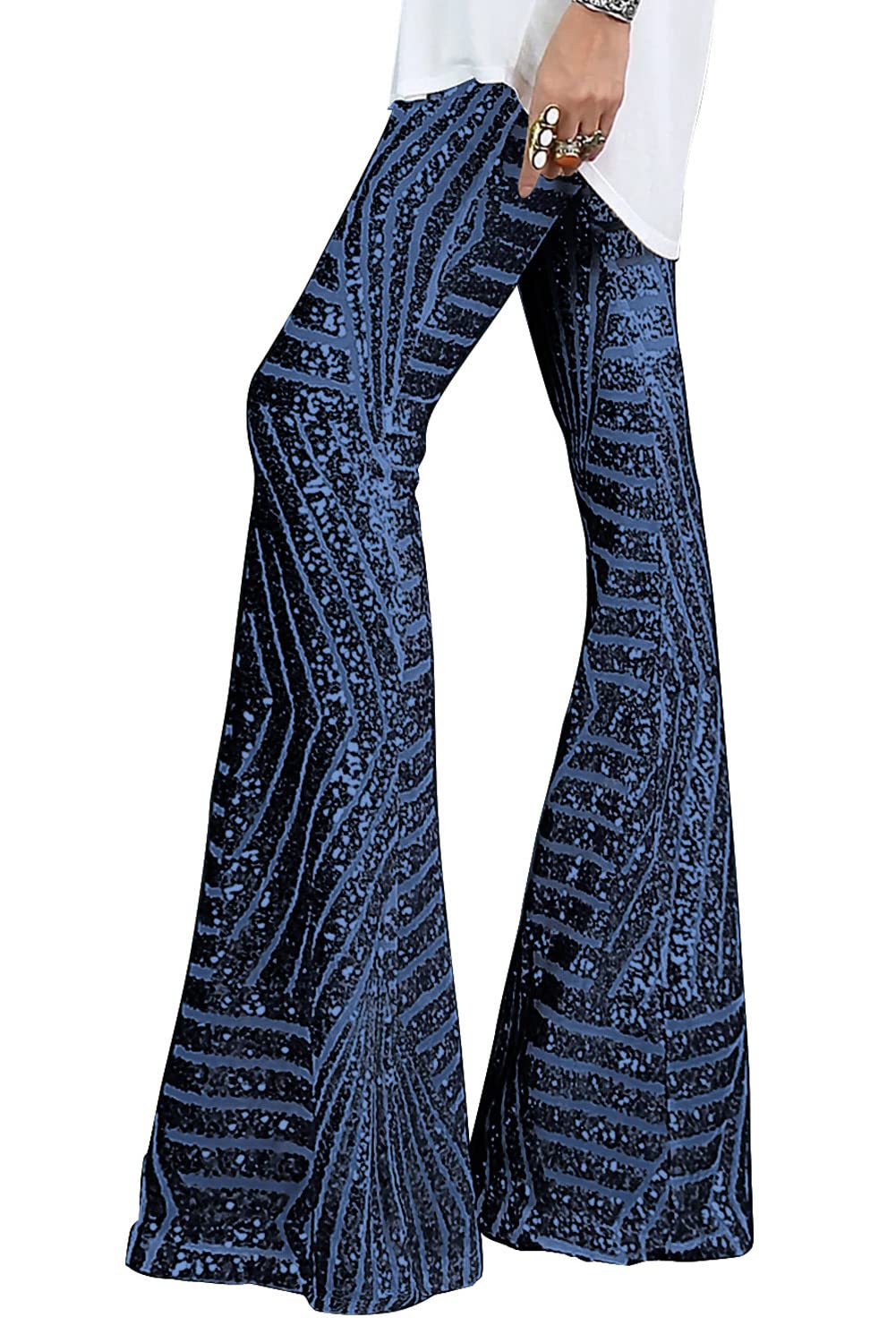 EVALESS Women's High Waist Wide Leg Palazzo Lounge Pants with Sequins - Comfortable Bell Bottom Trousers for Casual Wear, Yoga, and Night Out