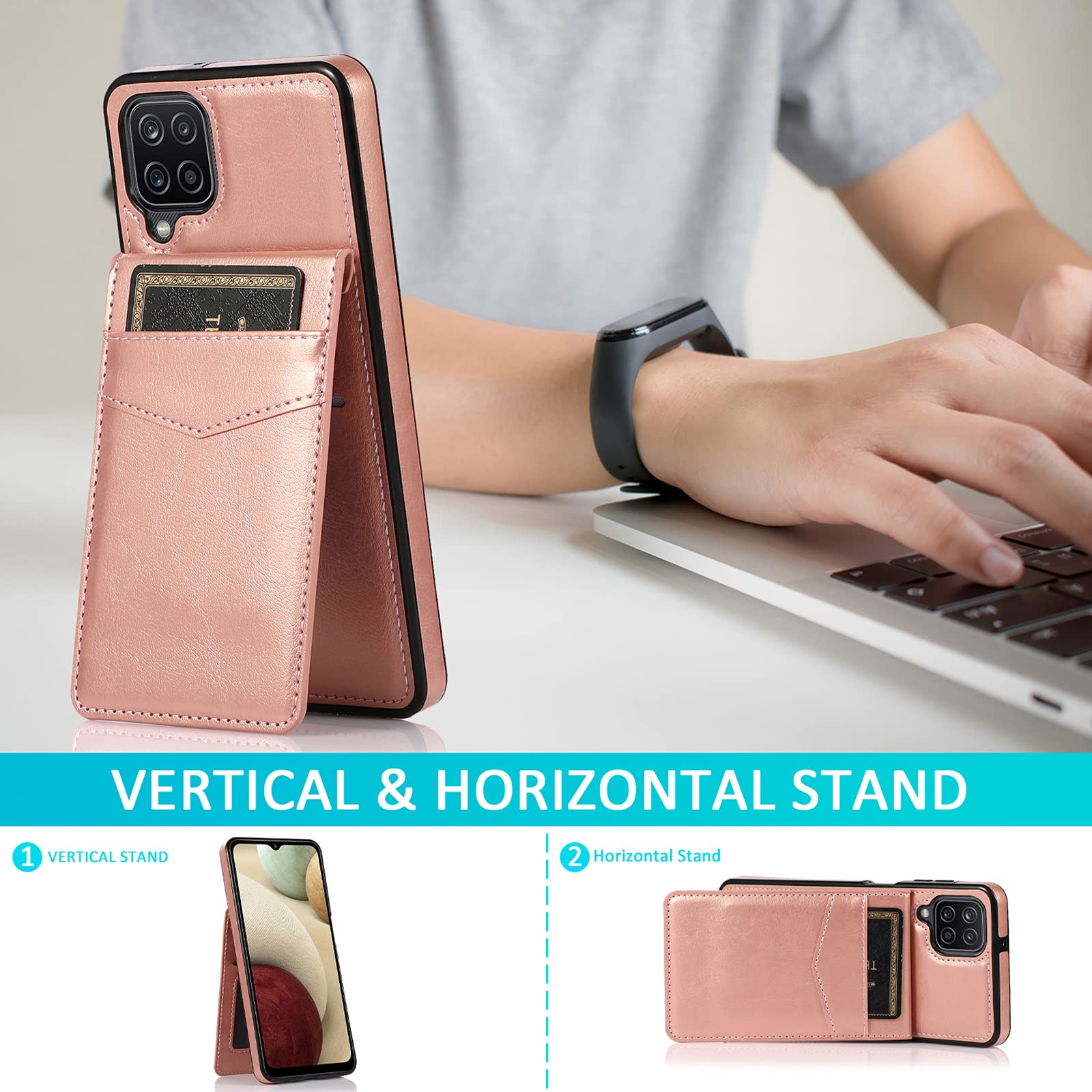 Samsung Galaxy A42 5G Phone Case with Tempered Glass Screen Protector, Credit Card Holder & Stand - Premium Leather Wallet Cover for Galaxy A42 5G/A42 4G (2021 Model) - Rose Gold Women's Design for Everyday Protection & Convenience