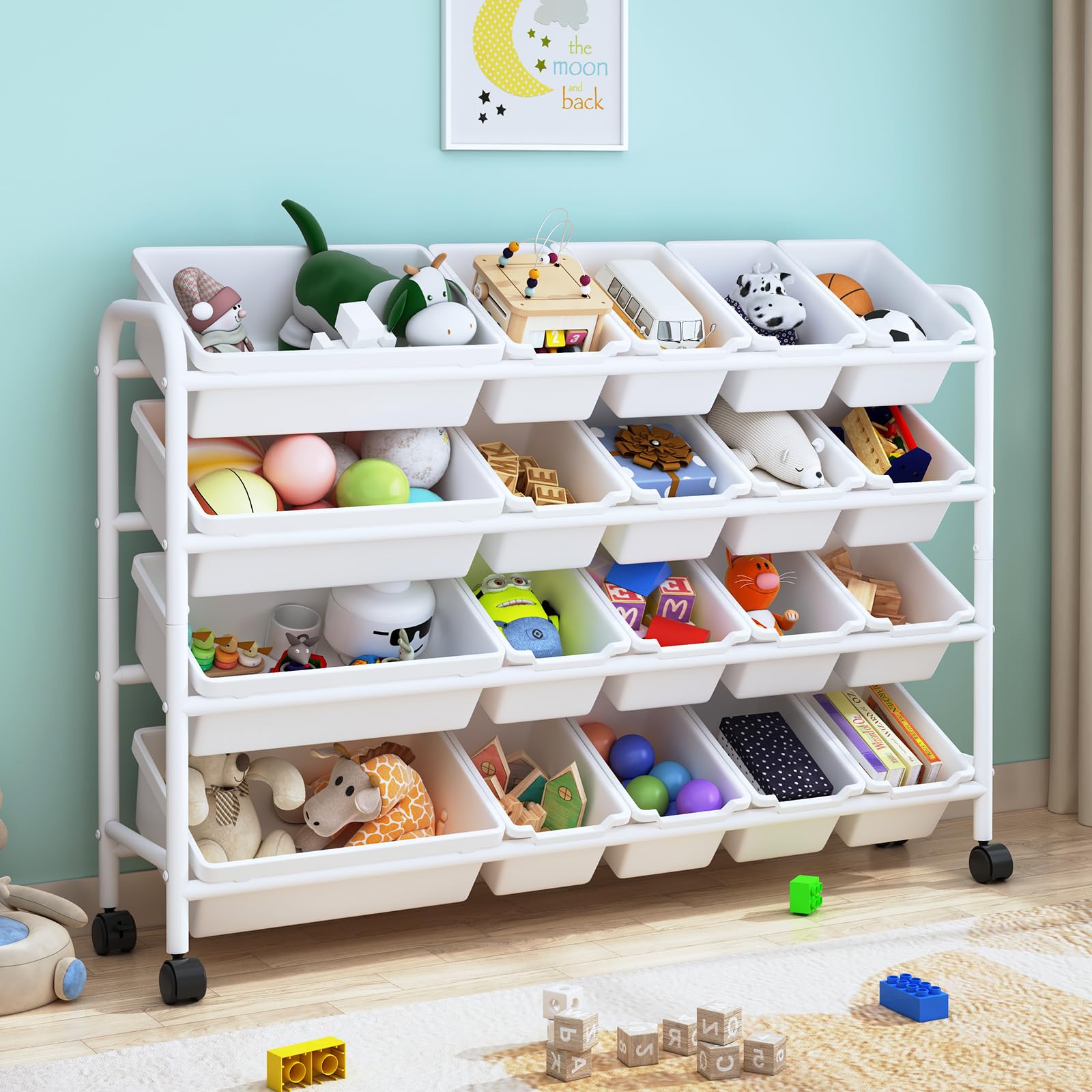20-Bin Kids Toy Storage Organizer - 4-Tier Metal Toy Shelf with XL Plastic Bins for Playroom, Nursery & Bedroom Organization | Sturdy White Toy Rack for Easy Kids Room Storage (JSSNJ1-1_XM) - Perfect for Organizing Legos, Stuffed Animals & Art Supplies