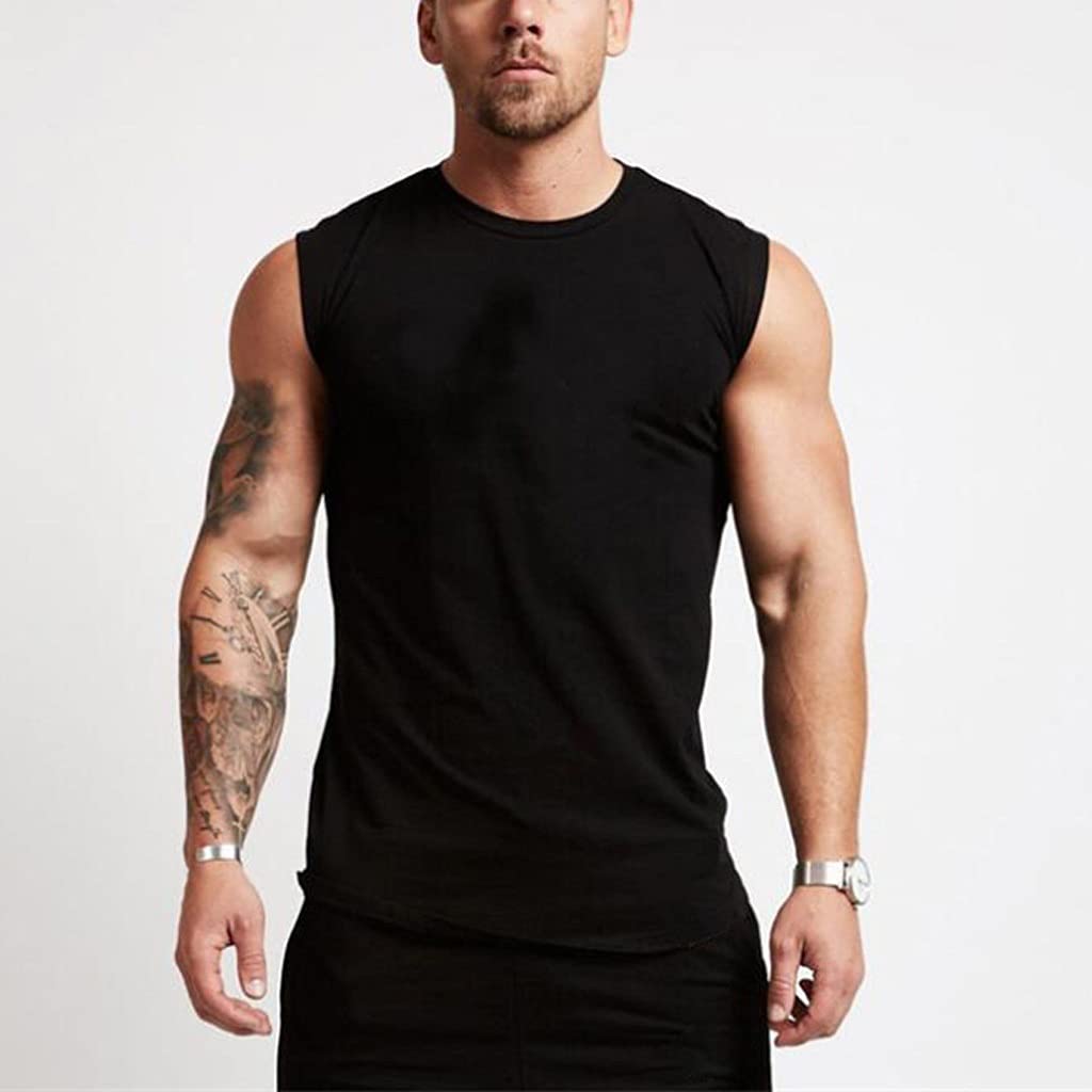 WSSBK Men's Solid Color Gym Tank Top - Curved Hem Stringer Vest for Bodybuilding & Fitness (Black, XXL) - Perfect for Workouts, Training & Summer Outdoor Activities