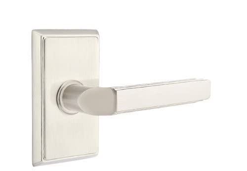 Emtek Privacy Set - Rectangular Rosette with Milano Lever (Left Hand, Satin Nickel) | Modern Door Hardware for Bedrooms & Bathrooms