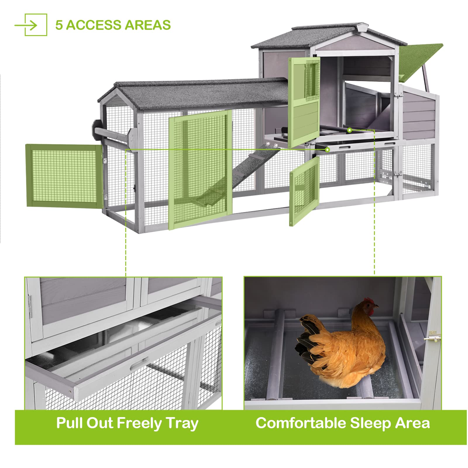 GUTINNEEN 80in Mobile Chicken Coop with Run - Portable Wooden Poultry Cage, Rabbit Hutch with Nesting Box & Wheels - Ideal for Backyard Farming, Poultry Raising & Small Animal Shelter