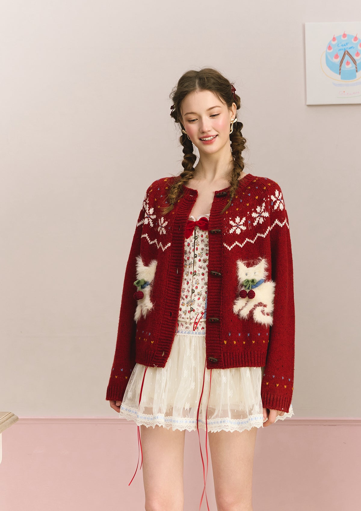 Berry Cream Kitty Knit Cardigan - Cute Cat Pattern Sweater for Women | Perfect for Casual Wear, Cat Lover Gifts & Cozy Fall Outfits