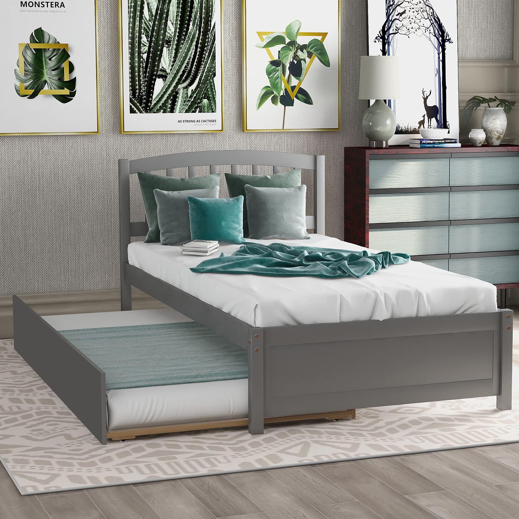 **Solid Wood Twin Size Platform Bed with Trundle - Sturdy Wooden Bed Frame with Headboard for Kids & Teens - Space-Saving Design for Small Rooms & Apartments (Grey) - Perfect for Guest Rooms, Dormitories & Compact Living Spaces**