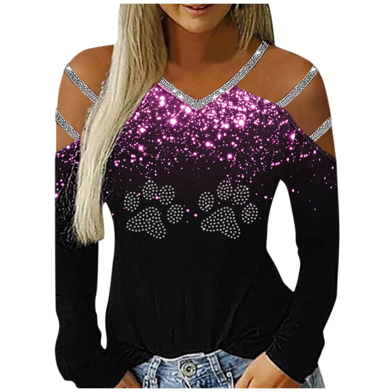Stylish Rhinestone Blouse - Sexy Cold Shoulder Tops for Women | Hollow Out T-Shirt with Paw Print Design | Long Sleeve Sweatshirt for Party, Date Night & Casual Wear