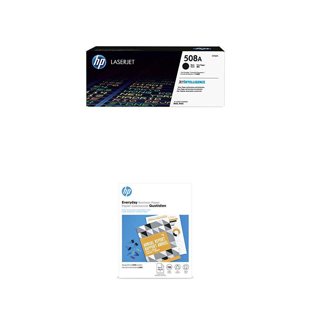 Original HP 508A Black Toner Cartridge + HP Premium Glossy Laser Paper (150 Sheets, 8.5