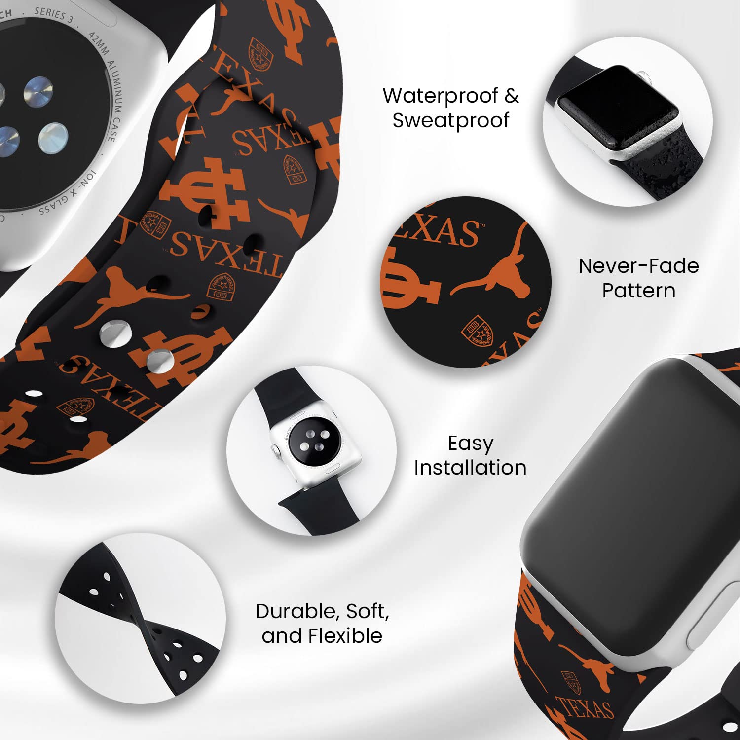 Texas Longhorns HD Watch Band for Apple Watch - Durable Silicone Strap, Compatible with All Apple Watch Models - Perfect for Sports, Workouts, and Everyday Wear