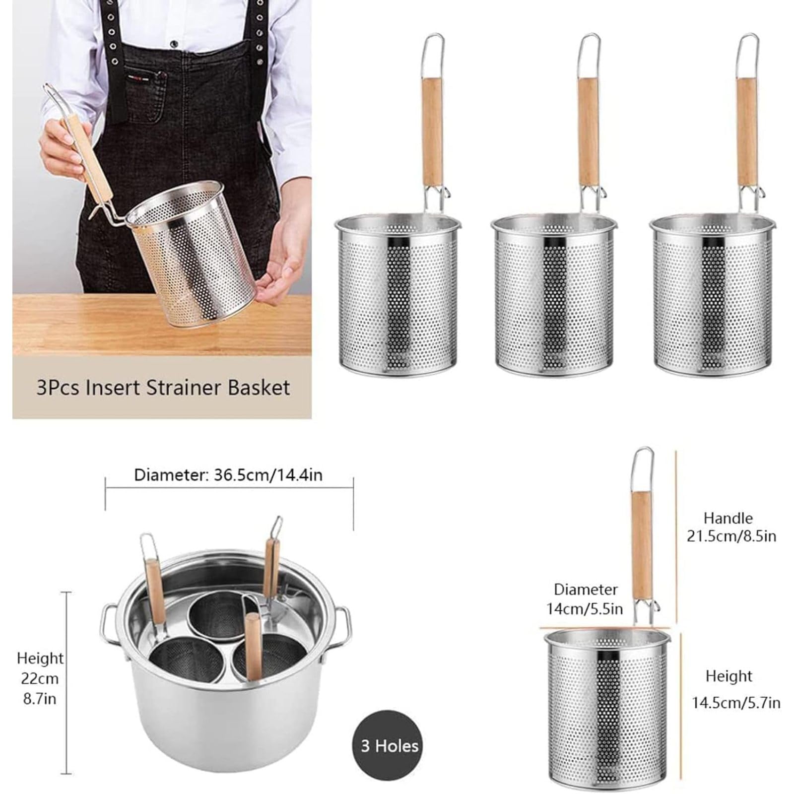 Stainless Steel 3/4/5 Hole Pasta Cookware Set with Strainer & Lid - 35cm Pasta Pot for Home & Commercial Kitchen - Perfect for Cooking, Steaming & Stockpot Use