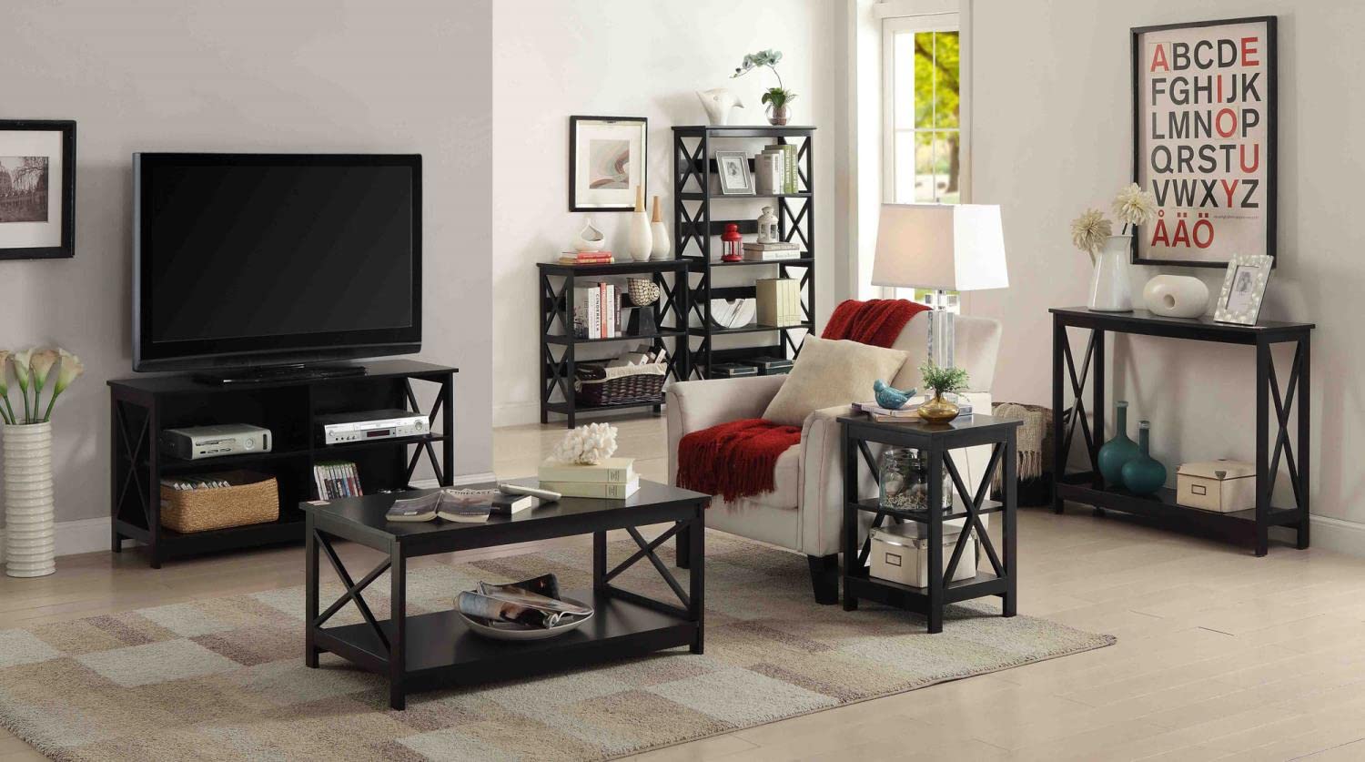 Oxford 5-Tier Bookcase with Storage Drawer - Black Wooden Bookshelf for Living Room, Bedroom & Office Organization