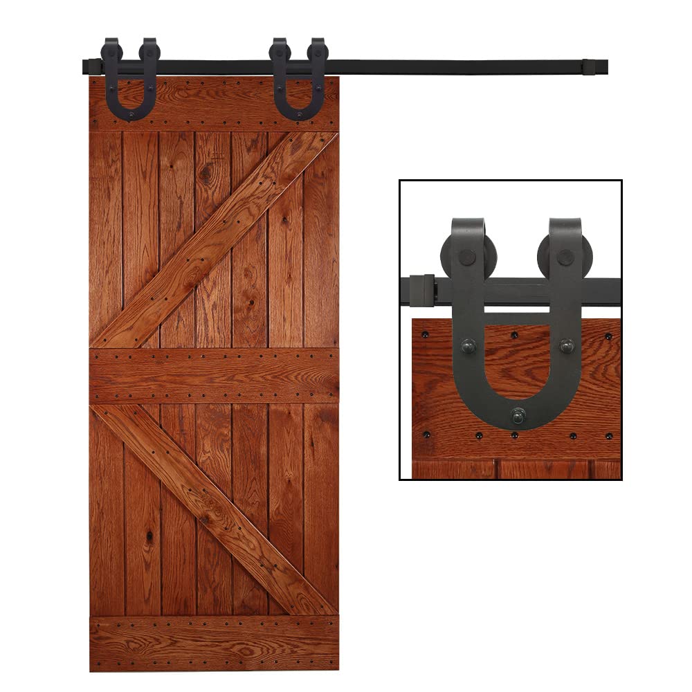 12.6FT Heavy Duty Sliding Barn Door Hardware Kit - Rustic Horseshoe Hanger Roller Track System for Single 75.6