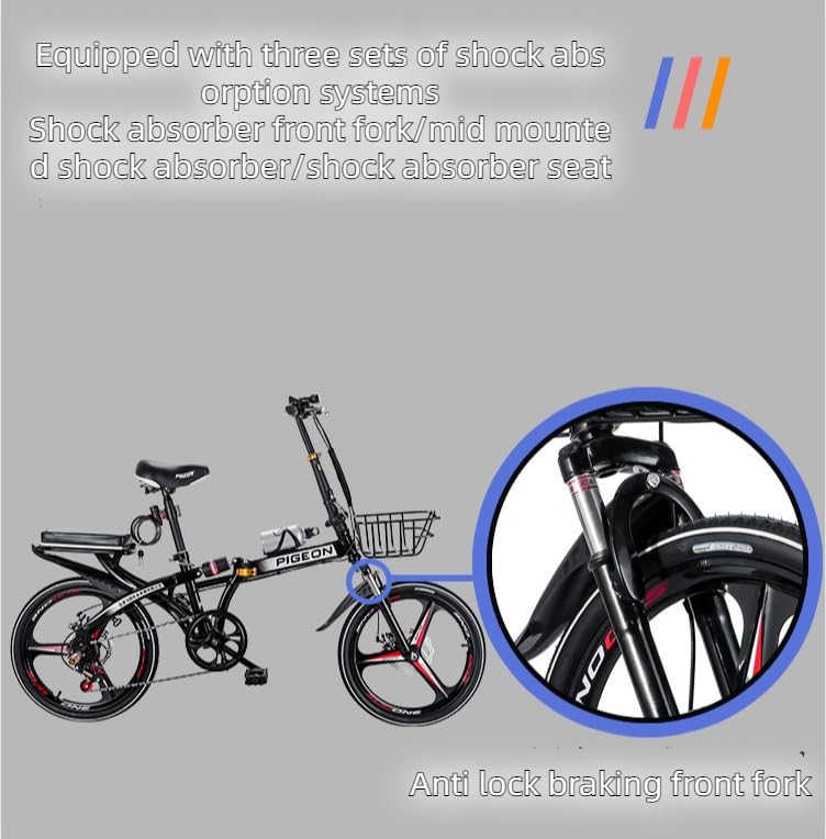 16 Inch Adult Folding Bike - 6-Speed Black Mountain Bike with Double Shock Absorption & 3-Blade Wheels | Commuter Bike for Urban Riding, Camping & Outdoor Adventures