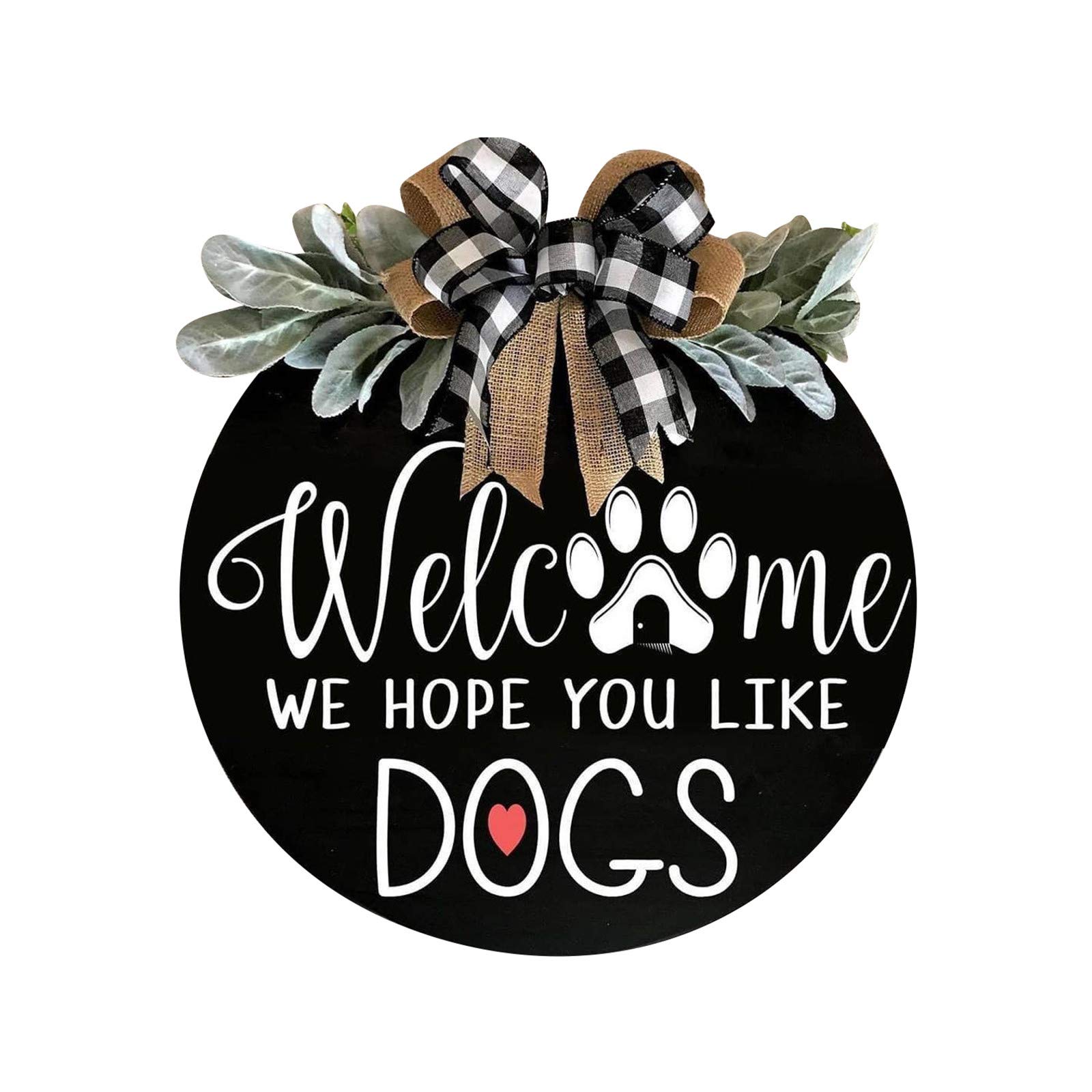 Dog Paw Welcome Sign - Wooden Front Door Wreath Hanger with Black Paw Print Design for Porch Decor | Farmhouse Style Vertical Round Wood Hanger | Perfect for Outdoor Home Entryway, Front Porch Decorations & Seasonal Door Hangers