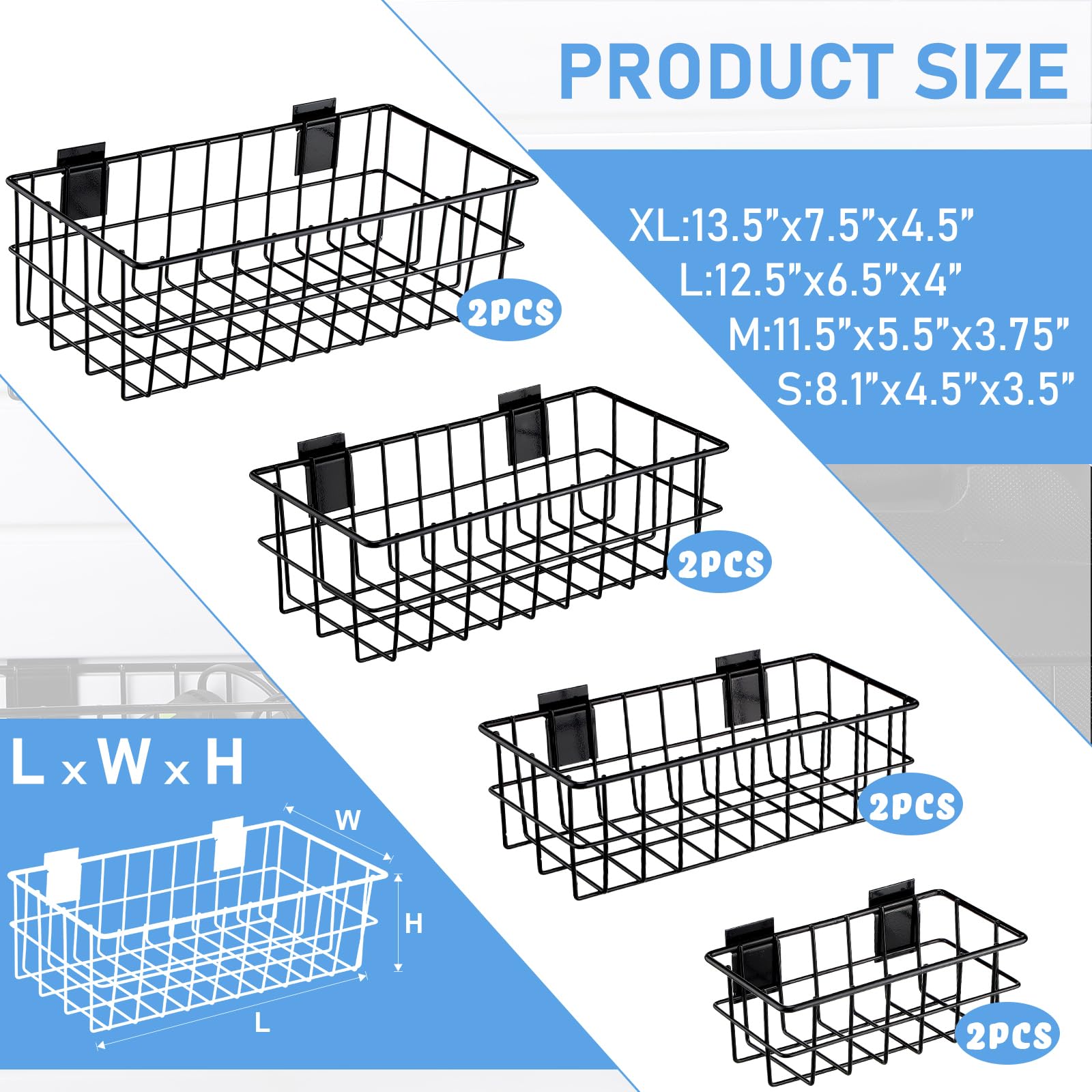 Hicarer 8-Piece Slatwall Basket Set - 4 Sizes Metal Ventilated Hanging Baskets for Home & Retail Organization - Perfect for Pantry Storage, Wall Display, and Retail Merchandising