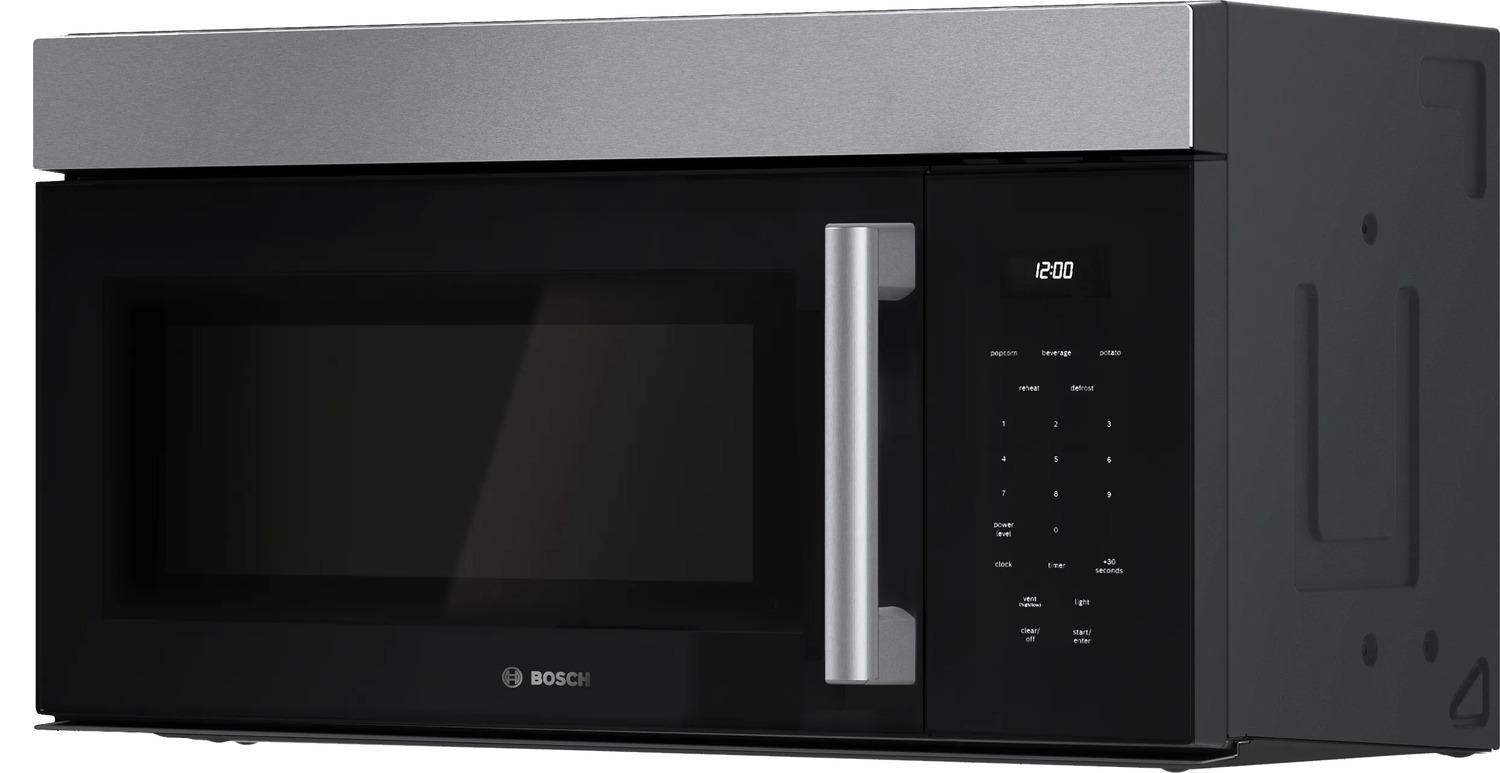 Bosch HMV1055U 100 Series 30-Inch Over The Range Microwave Oven with Left Side Opening Door in Stainless Steel - Perfect for Modern Kitchens & Space-Saving Cooking