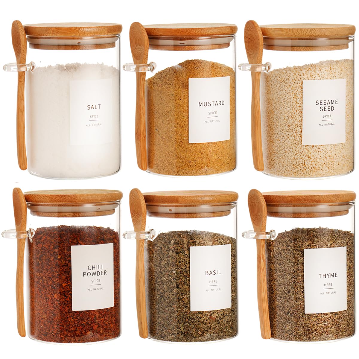 6-Piece Glass Jar Set with Bamboo Lid & Spoon - 17oz Large Sugar & Spice Storage Containers - Includes 148 Preprinted Pantry Labels - Airtight Wooden Lids for Coffee, Tea, Candy - Perfect for Kitchen Organization & Gift Giving