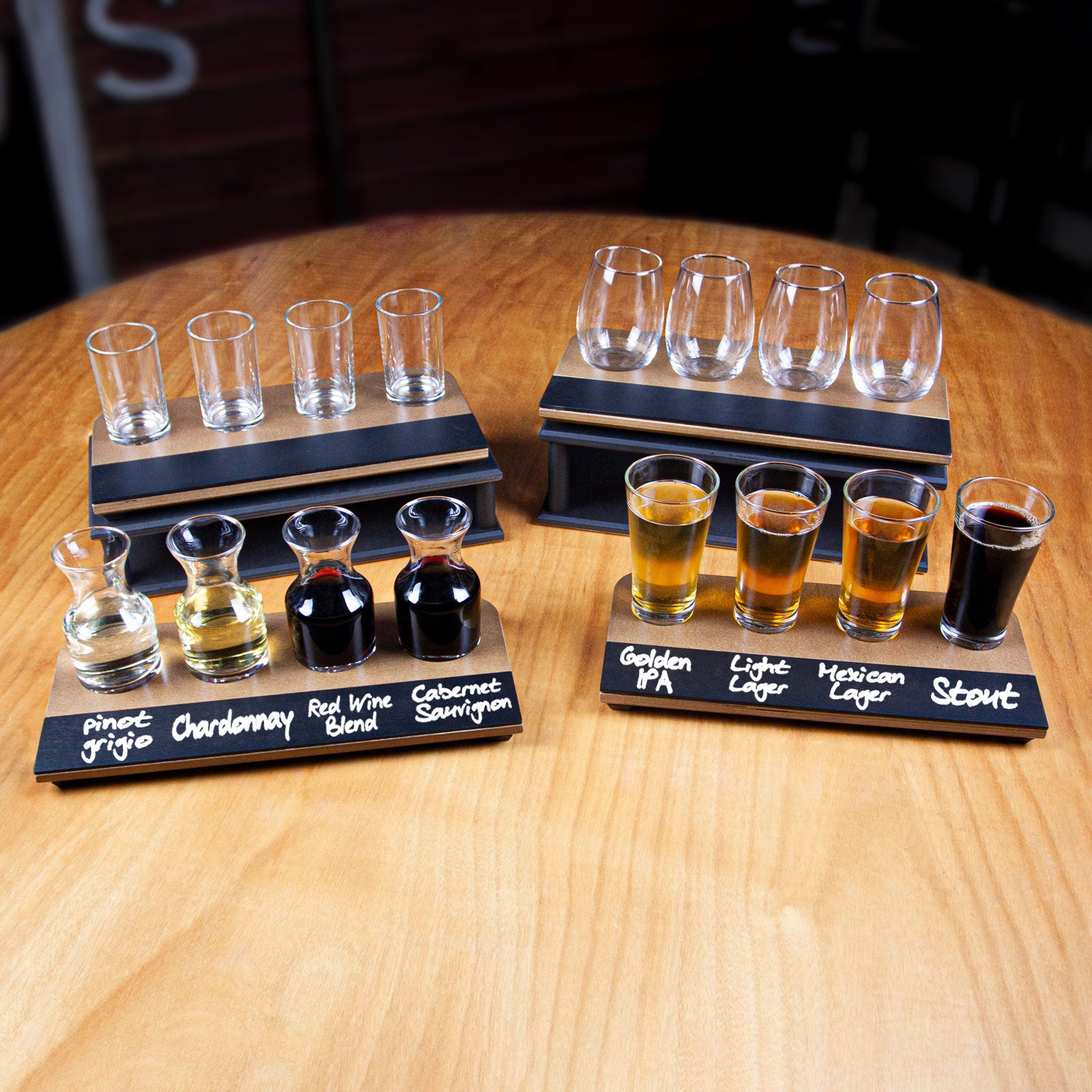 Premium Walnut-Finished Beer Flight Set with Chalkboard Stripe - Includes 4 (8.5oz) Flared Tasting Glasses - Perfect for Craft Beer Tasting, Home Brewing, and Entertaining Guests