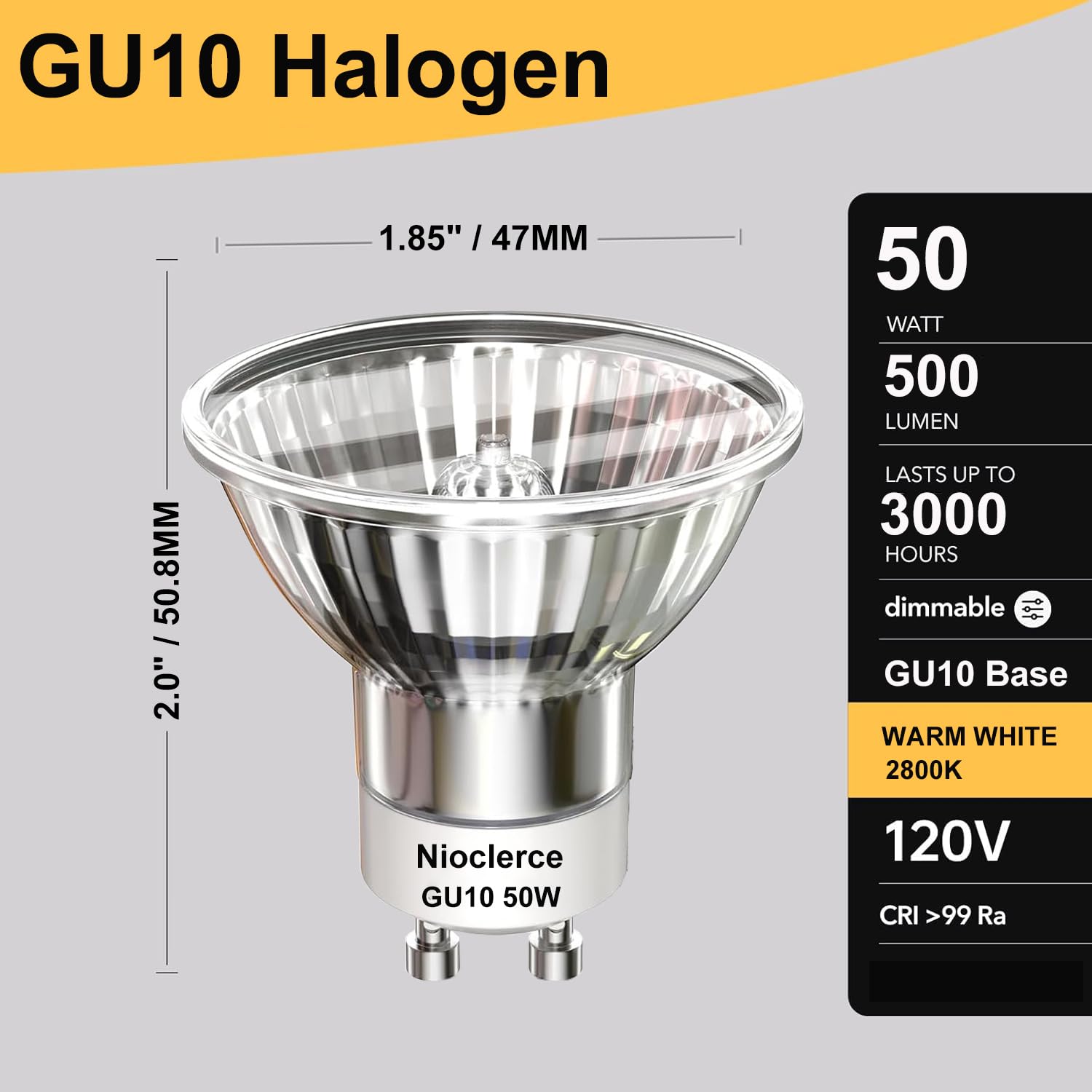 50W GU10 Halogen Bulb - 120V Warm White Dimmable MR16 Light Bulb, 500LM High Output, Long Lifespan for Track Lighting, Candle Warmers, and Home Decoration