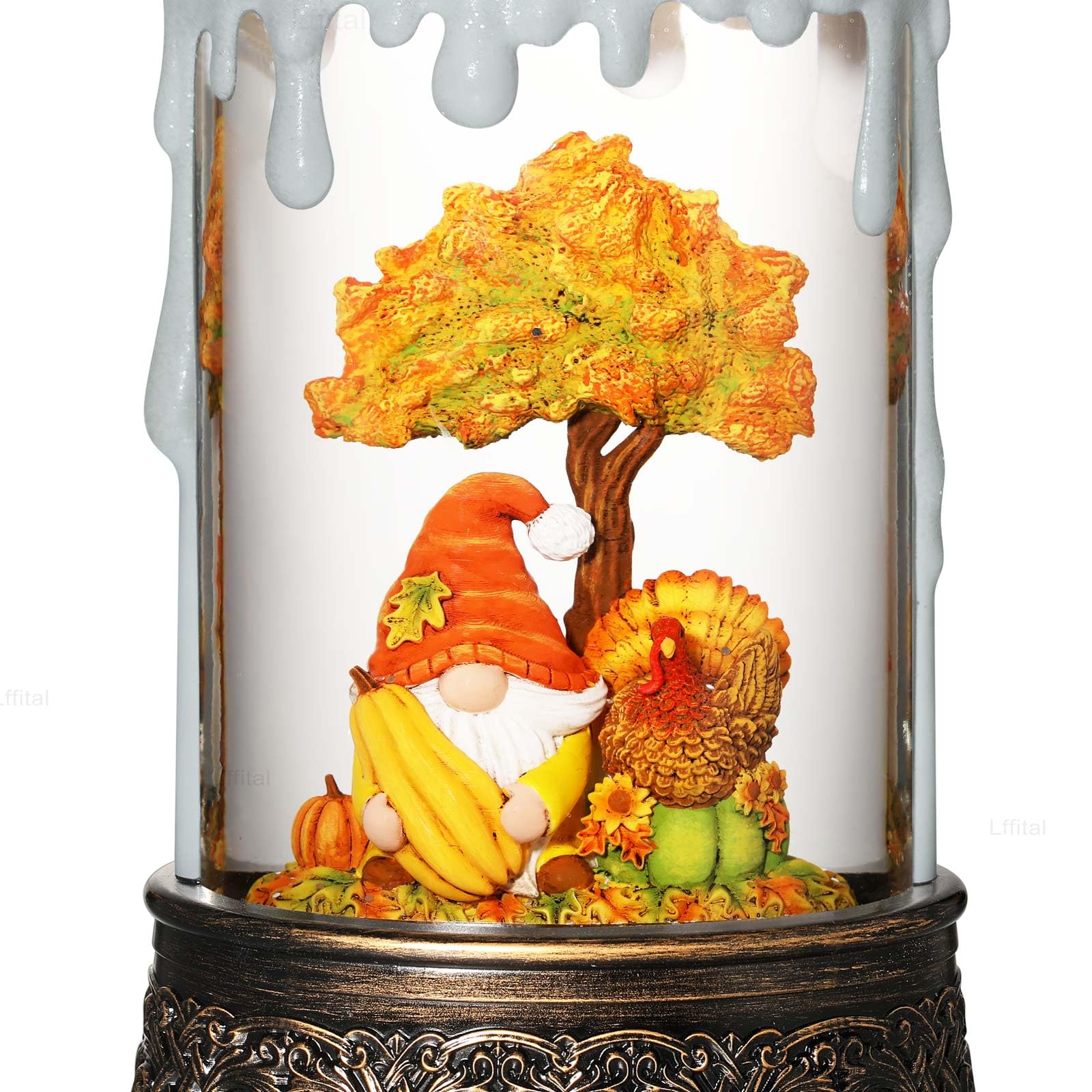 Fall Snow Globe Lantern with Gnome & Turkey - LED Candle Glittering Tabletop Decor for Autumn Thanksgiving, Harvest Day Display with Timer | Seasonal Home Décor, Holiday Centerpiece, Thanksgiving Table Setting