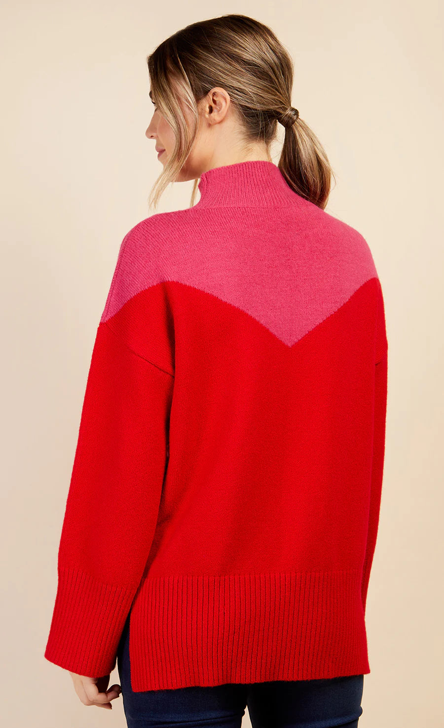 JOLENE COLOR BLOCK KNIT SWEATER (PINK/RED) - Women's Casual Pullover for Fall & Winter Fashion | Perfect for Office, Date Night & Weekend Outfits