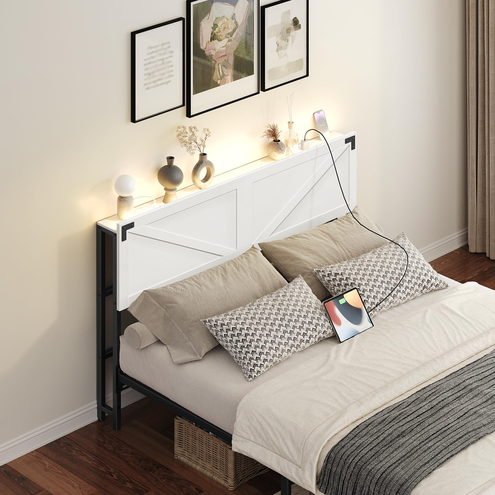 Queen Size Headboard with 2 Outlets & 4 USB Ports - Farmhouse Style LED Headboard with Secure Storage & Bed Frame Adapter - White & Black - Perfect for Bedroom Upgrade & Modern Farmhouse Decor