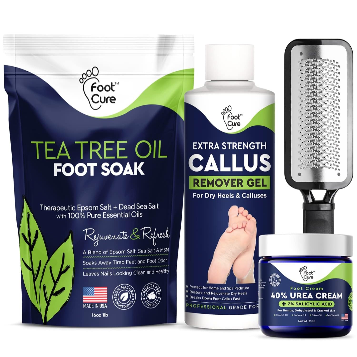 Professional Foot Care Pedicure Set – Exfoliator & Callus Remover with Foot File, Tea Tree Oil Foot Soak Salts, 40% Urea Cream & Callus Removal Gel – Made in USA – Perfect for At-Home Spa, Cracked Heel Treatment & Soft Feet Care