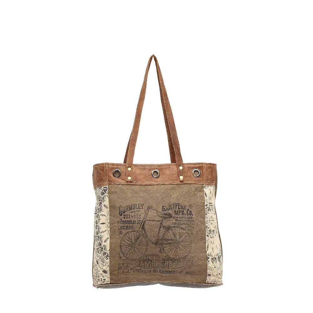 Myra Bags Upcycled Canvas Tote Bag - Eco-Friendly Bicycle Print Reusable Shopping Bag (Tan/Khaki/Brown, One Size) - Perfect for Groceries, Beach Trips & Farmers Market