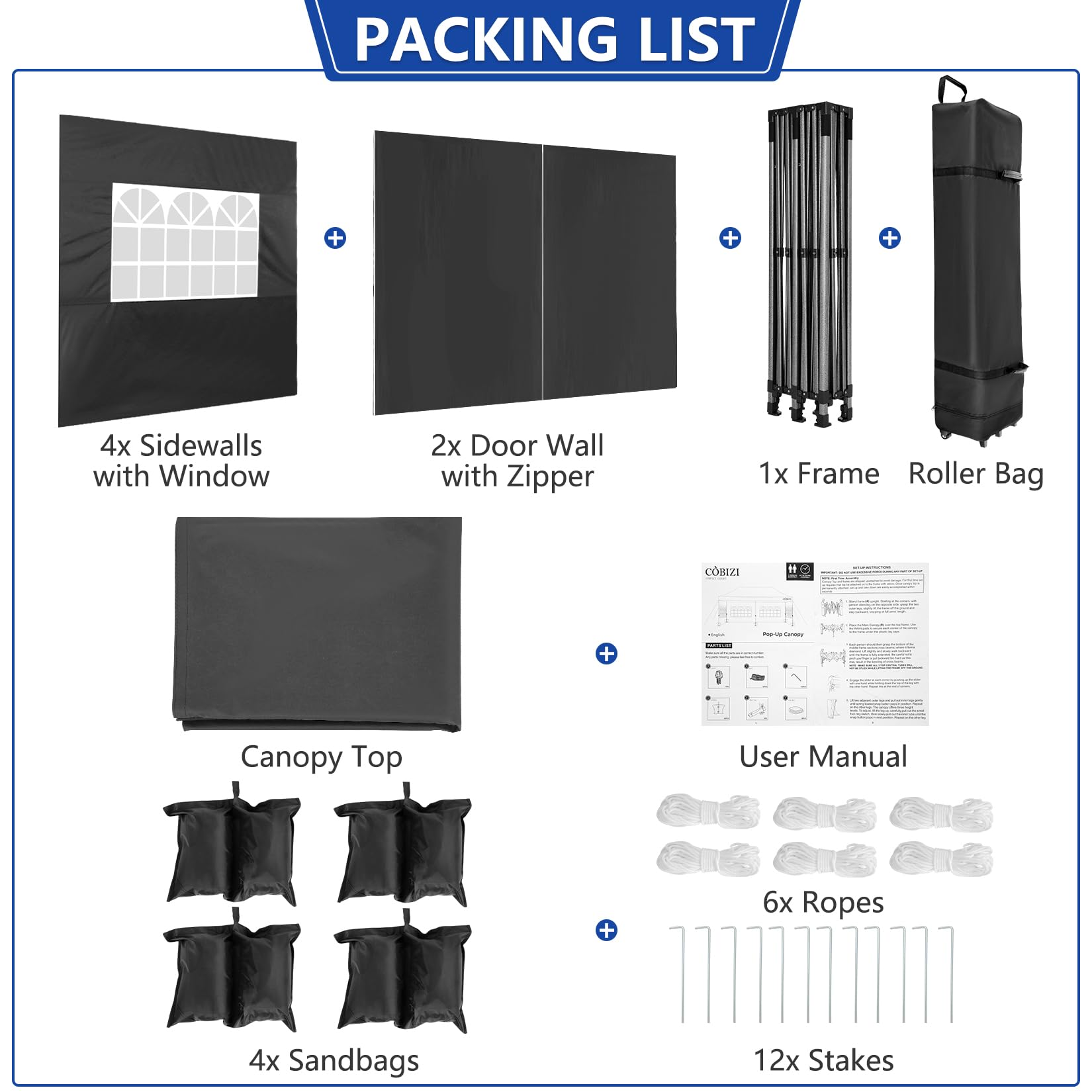 COBIZI 10x20 Heavy Duty Pop Up Canopy Tent with 6 Sidewalls - UPF 50+ Waterproof All-Weather Commercial Gazebo for Outdoor Weddings, Parties & Events - Includes Roller Carry Bag (Black)