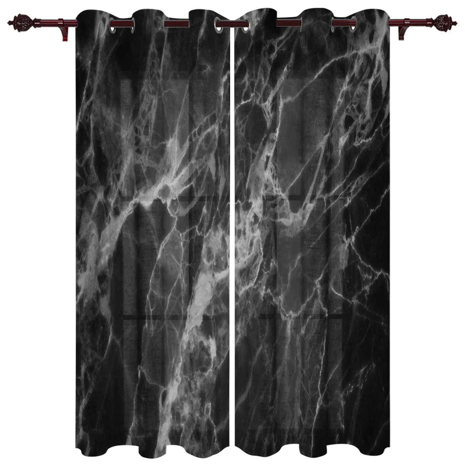 Blackout Curtains Thermal Insulated Room Darkening Drapes - Black Marble Print Grommet Panels (Set of 2, 52x52 Inches) for Living Room & Bedroom - Energy Saving & Light Blocking Window Treatment