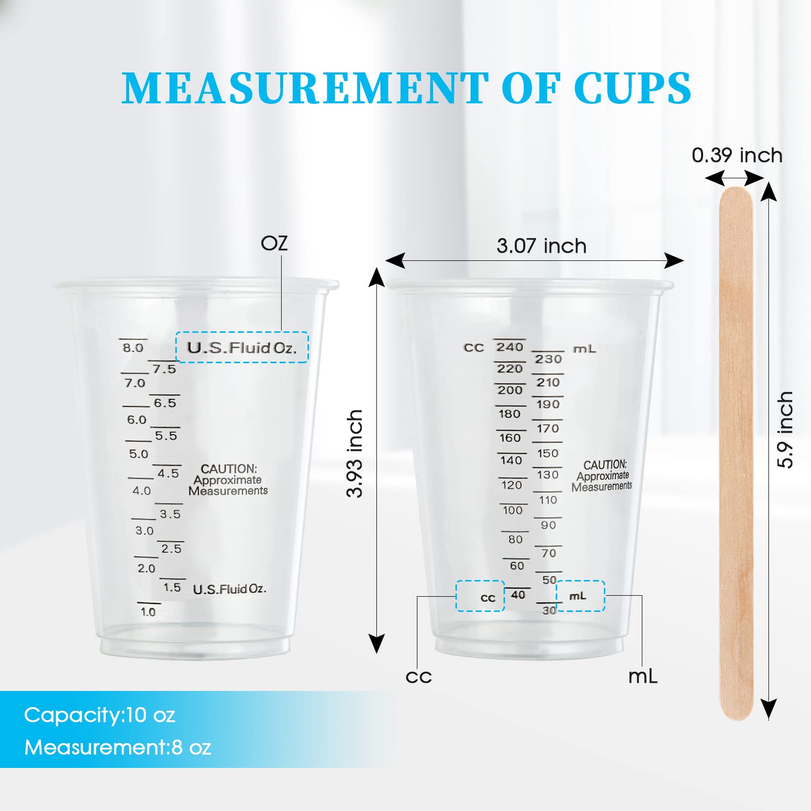 200-Pack 8oz Plastic Measuring Cups with 100 Wooden Mixing Sticks | Disposable Epoxy Resin Mixing Cups for Liquid Measurement, Paint, Cooking & Baking | Perfect for DIY Crafts, Kitchen & Art Projects