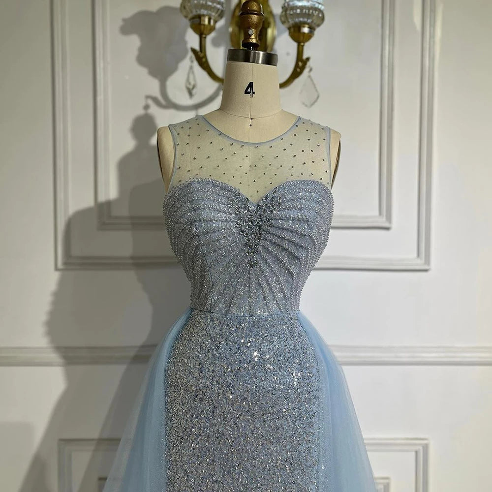 Sparkling Crystal Blue Evening Gown with Detachable Overskirt LA72588 - Elegant Prom Dress for Formal Events & Wedding Guest Attire