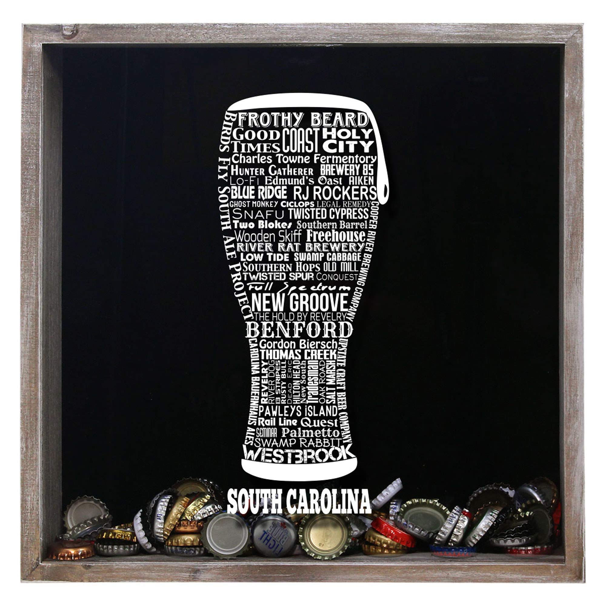 Torched Beer Typography Beer Cap Shadow Box - Hanging Display Case Frame for Wall Mount Decor - Unique Gift for Beer Lovers & Collectors - Perfect for Man Cave, Bar, or Home Brewery Decor - South Carolina Inspired Design