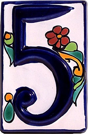 Authentic Colonial Talavera Ceramic House Number 5 - Hand-Painted Mexican Tile Address Plaque for Front Door, Porch & Garden Decor