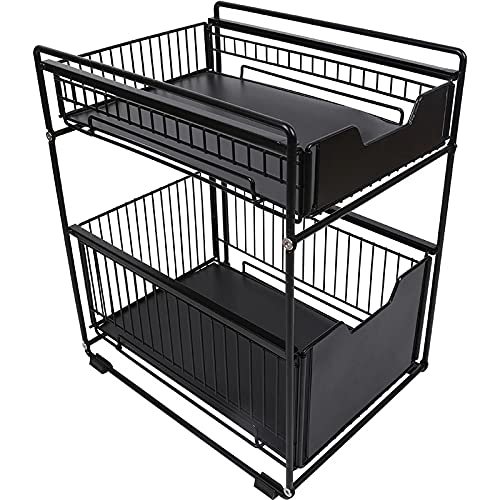 Under Sink Organizer - Pull Out Kitchen Cabinet Storage Rack, 2-Tier Expandable Shelf for Cleaning Supplies & Utensils (Small, Black) - Perfect for Under Sink Storage in Bathrooms & Kitchens