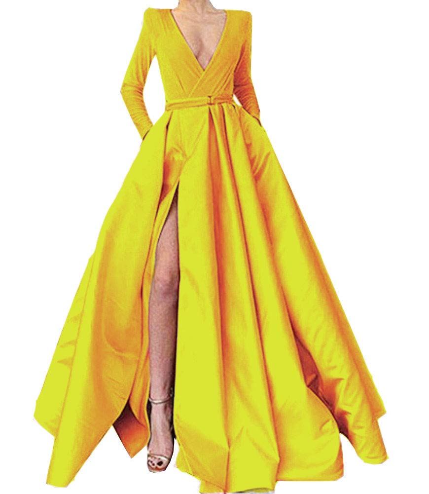 Honeydress Women's V-Neck Prom Dress Long Sleeve Velvet Satin Formal Evening Gown with Pockets - Yellow | Elegant Homecoming, Wedding Guest & Holiday Party Gown