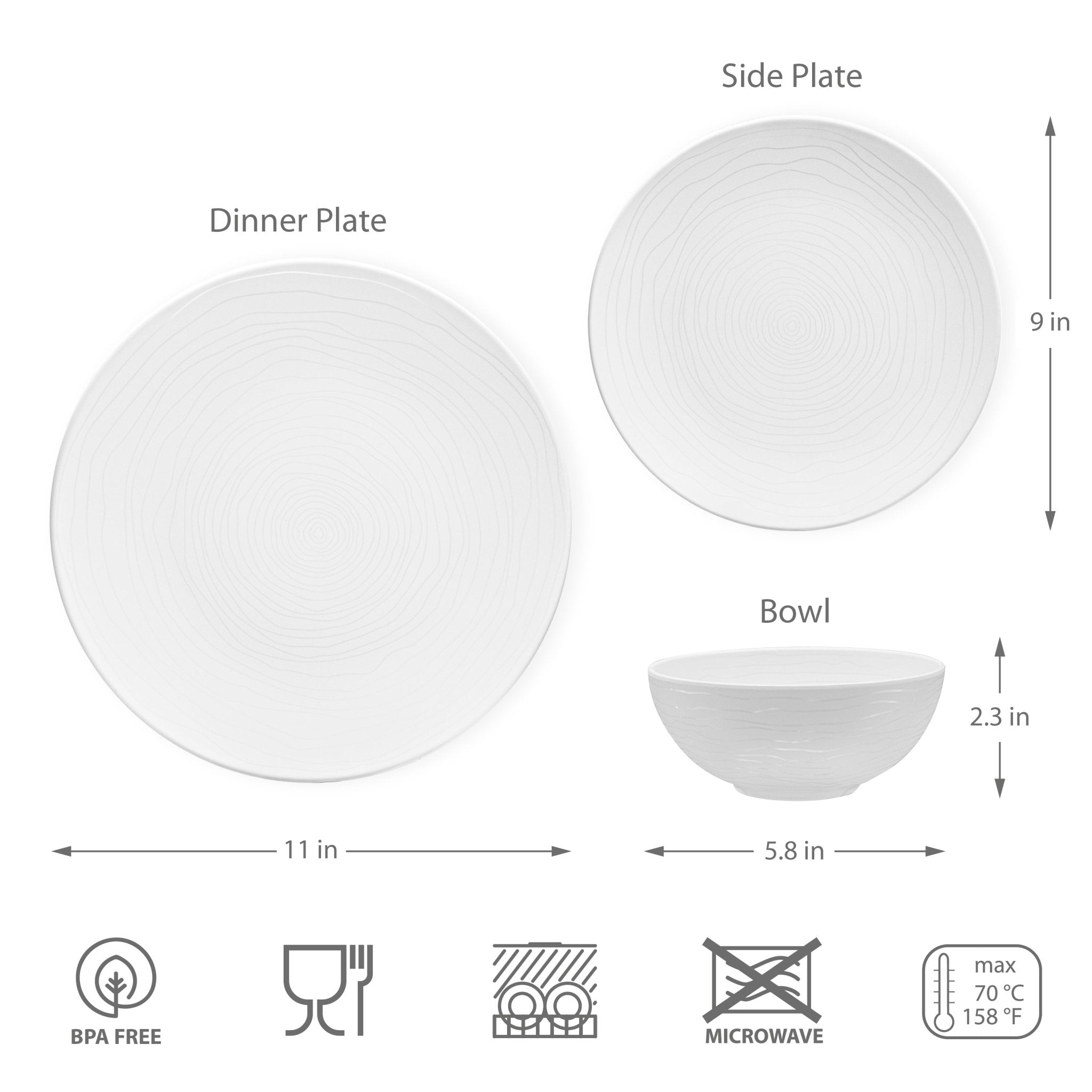 12-Piece Organic Melamine Dinnerware Set - White Plates & Bowls for Home, Restaurant, and Outdoor Dining