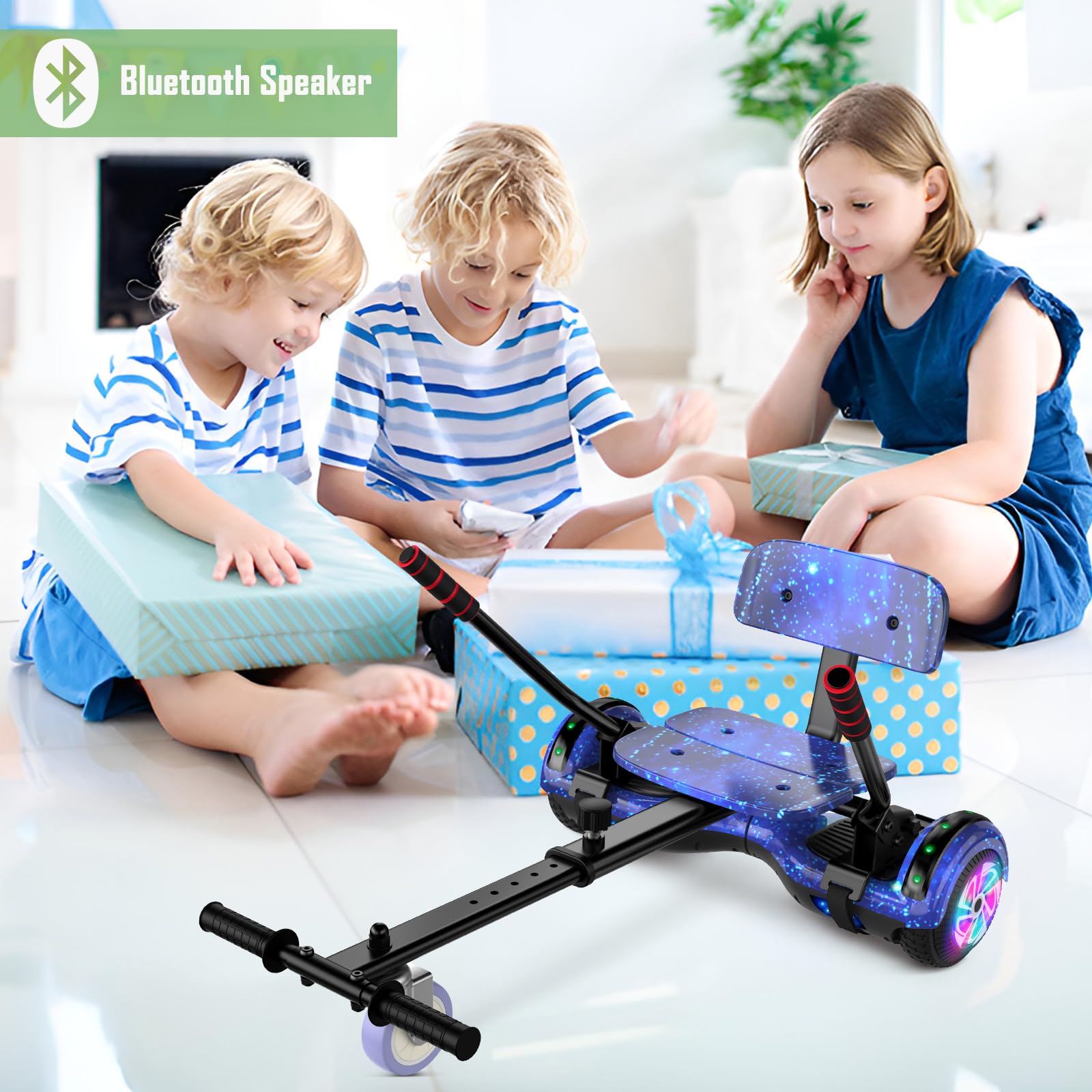 Kids & Adults Scooter Seat Attachment with Go Kart - Adjustable Height, LED Lights & Bluetooth Speaker - Perfect for Outdoor Fun, Commuting & Family Rides